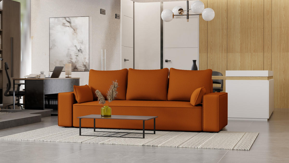 SOFA Vens mit Bettkasten und Schlaffunktion, Cordstoff - Rostfarben, Holzwerkstoff (242/85/95cm)