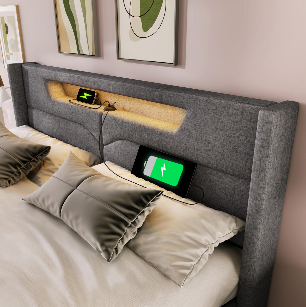 BETT mit Stauraum, LED und USB 160x200 cm Leinen Grau - Grau, Metall (160/200cm) - Meubliv