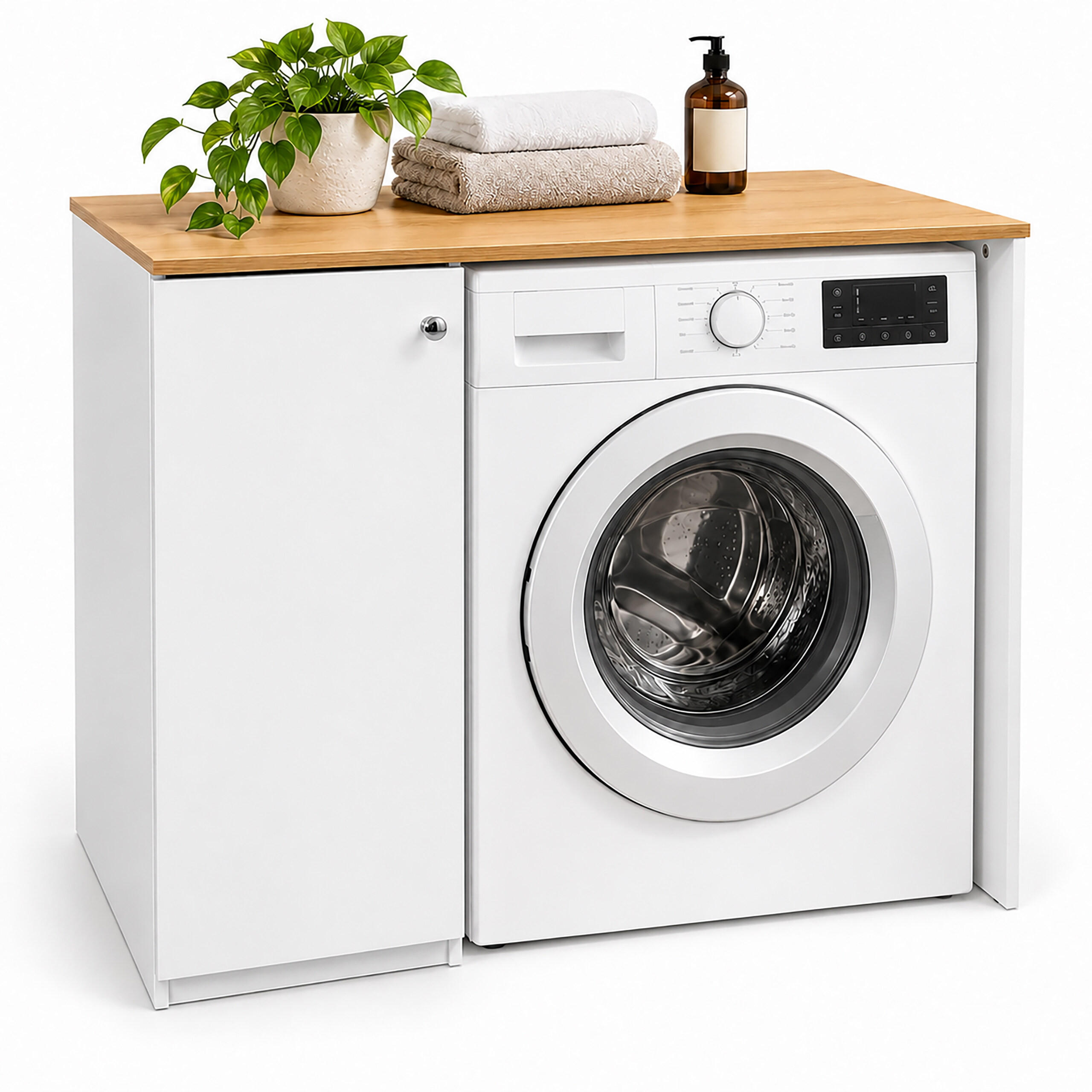 WASCHMASCHINENSCHRANK Weiß mit ausziehbarem Wäschekorb 90x100x60 cm - Weiß, Holzwerkstoff/Textil (100/90/60cm) - Relaxdays