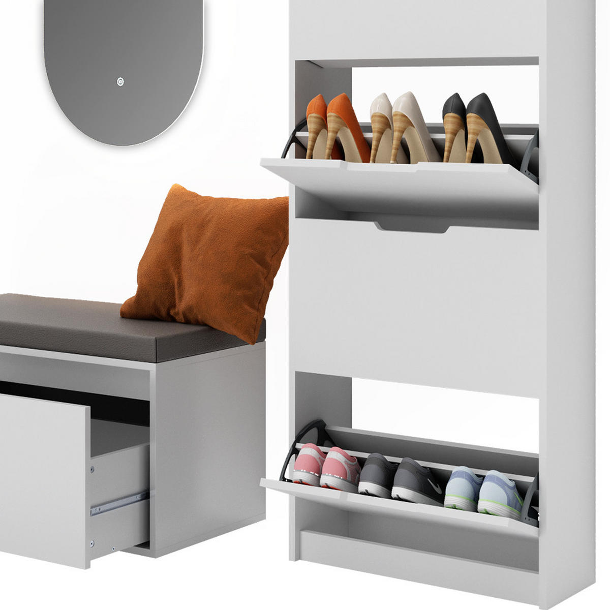 SCHUHKIPPER Luca Weiß 3 Teile, mit LED Spiegel und Sitzbank - Weiß, Holzwerkstoff (59/169/22cm) - Vicco