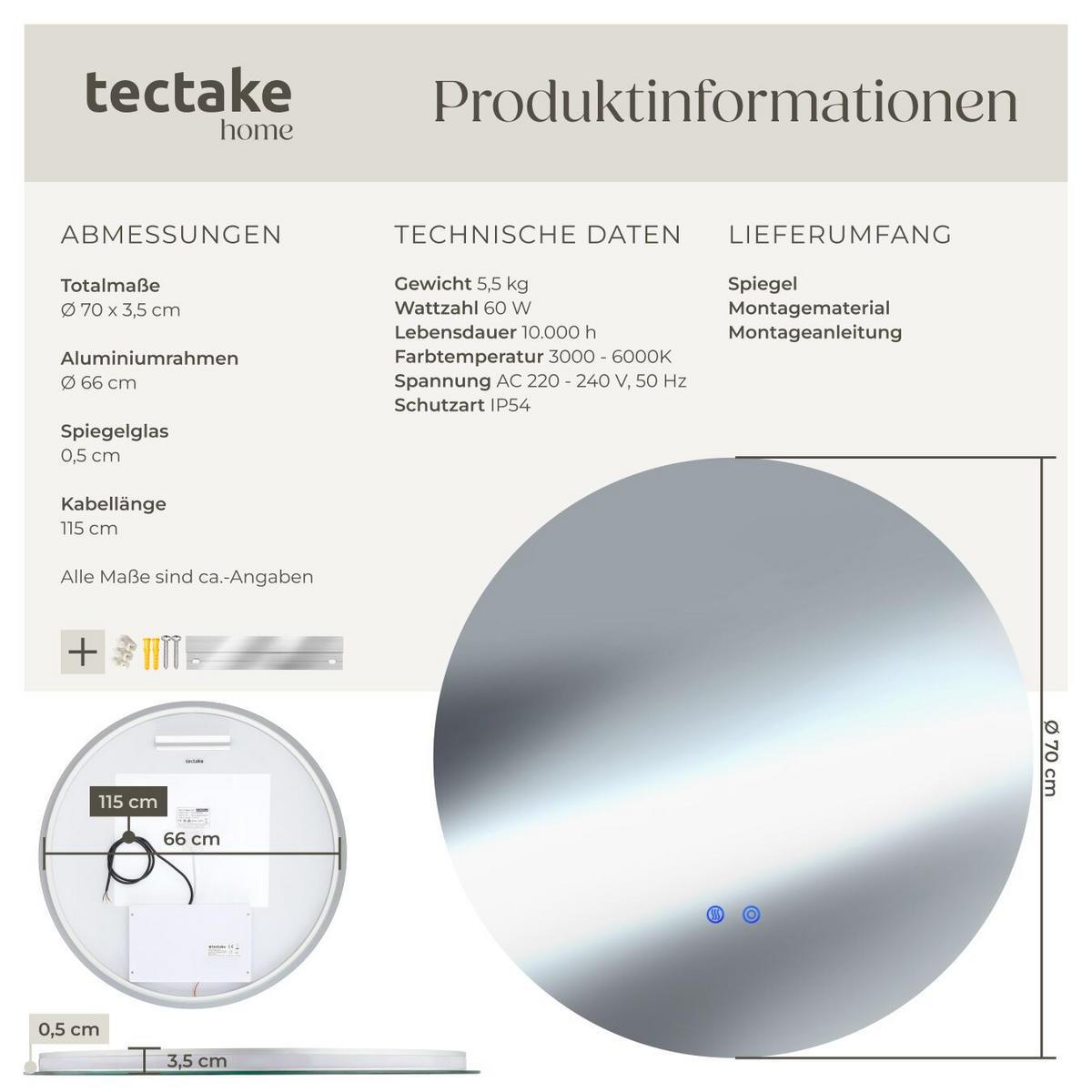 LED-BADEZIMMERSPIEGEL rund Aurora,inklusive Spiegelheizung,weiß - Weiß, Glas (70/70/3.5cm) - tectake