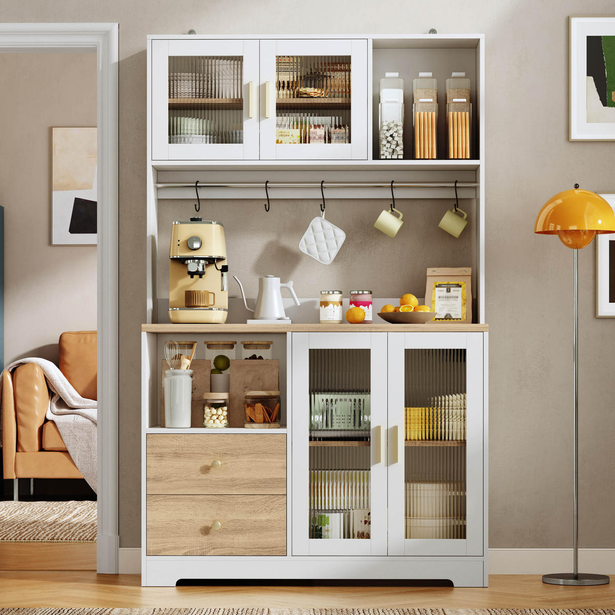 BUFFET 178 cm MDF Natur Weiß mit RGB-LED, Weinregal und Glasfront - Weiß, Holzwerkstoff (40/178/110cm) - Korfee