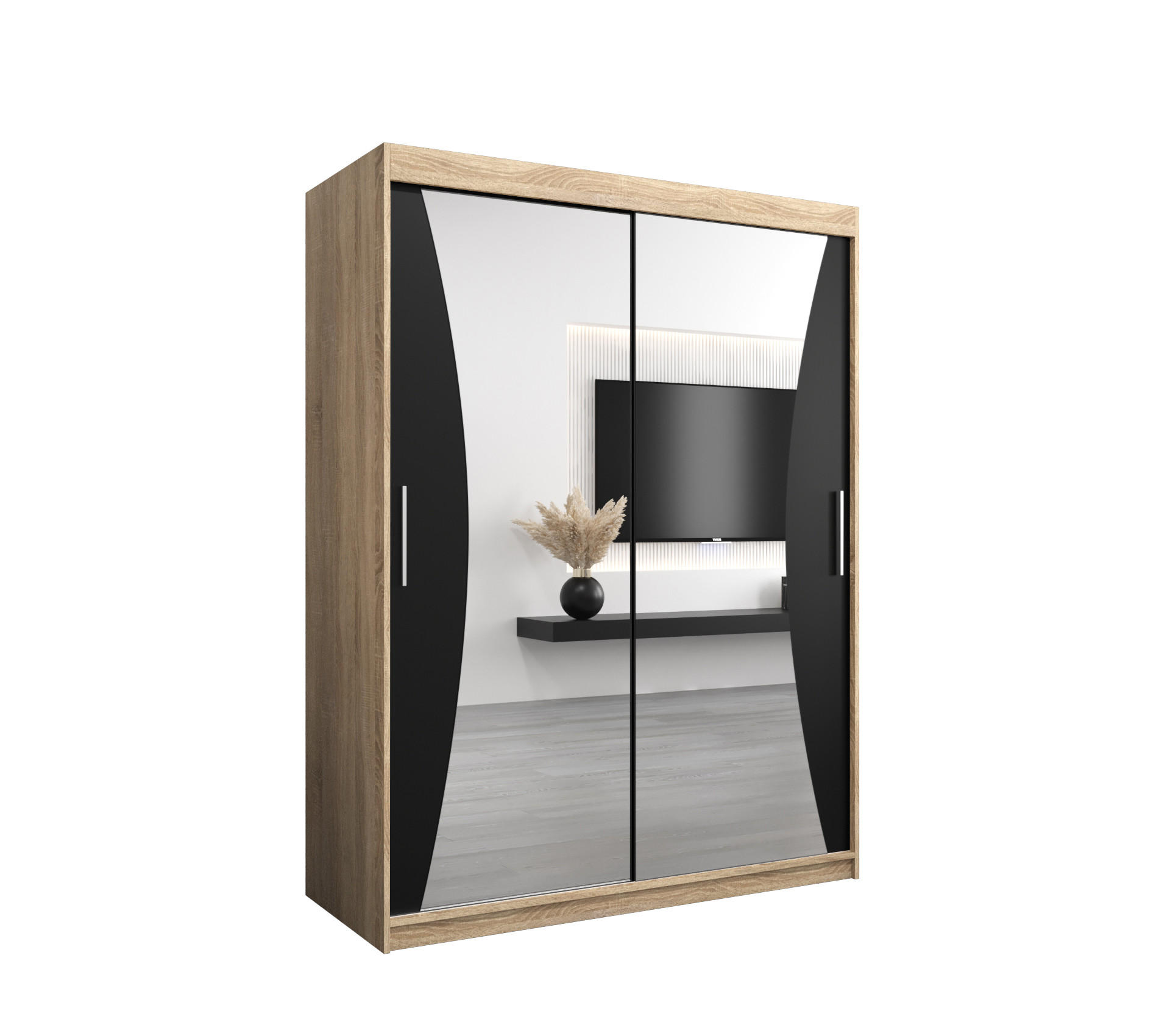 SCHWEBETÜRENSCHRANK 200/150/62 2-türig - Silberfarben/Schwarz, Holz/Kunststoff (150/200/62cm) - Abiks Möbel