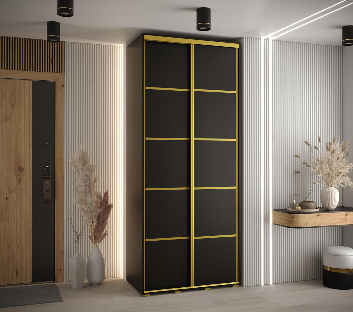 SCHWEBETÜRENSCHRANK 235,2/100/60 2-türig - Goldfarben/Schwarz, Holz/Metall (100/235/60cm) - Abiks Möbel