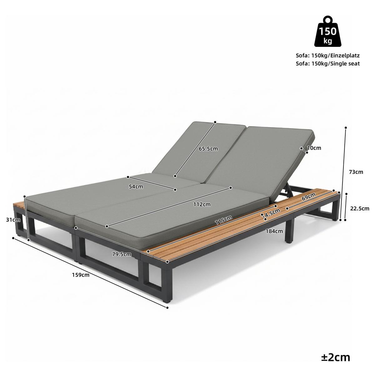 SONNENLIEGE, 2 Personen, Verstellbar, Daybed, Grau - Grau, Metall (159/184cm) - FLIEKS