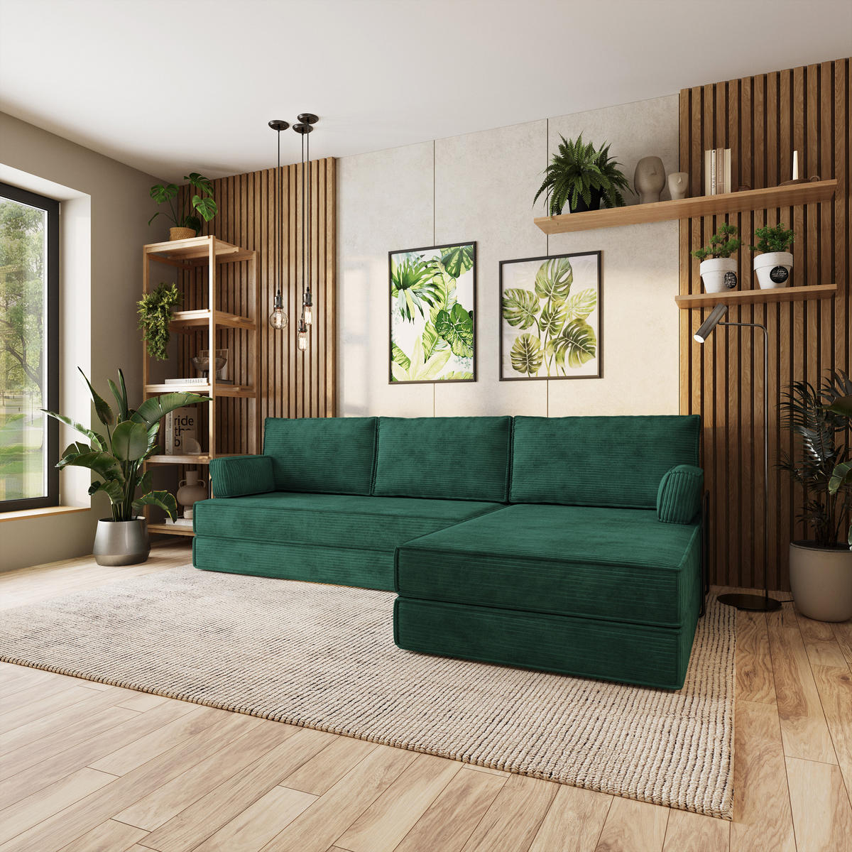 ECKSOFA ANKO modulares Boneless Sofa mit Schlaffunktion Grün Kordstoff - Grün, Textil (270/160cm) - MASSENO