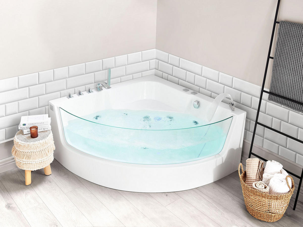 WHIRLPOOL-BADEWANNE mit LED 135x190x59 cm weiß Marina - Weiß, Kunststoff (135/59/190cm) - Beliani