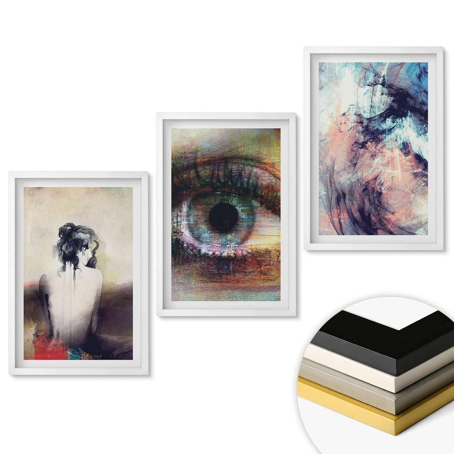 WANDBILDER 3er-Set - 40x60 cm Weißer Rahmen - Porträt einer Frau mit abstrakten Emotionen - Weiß, Kunststoff (40/60cm) - ArtPrintCave
