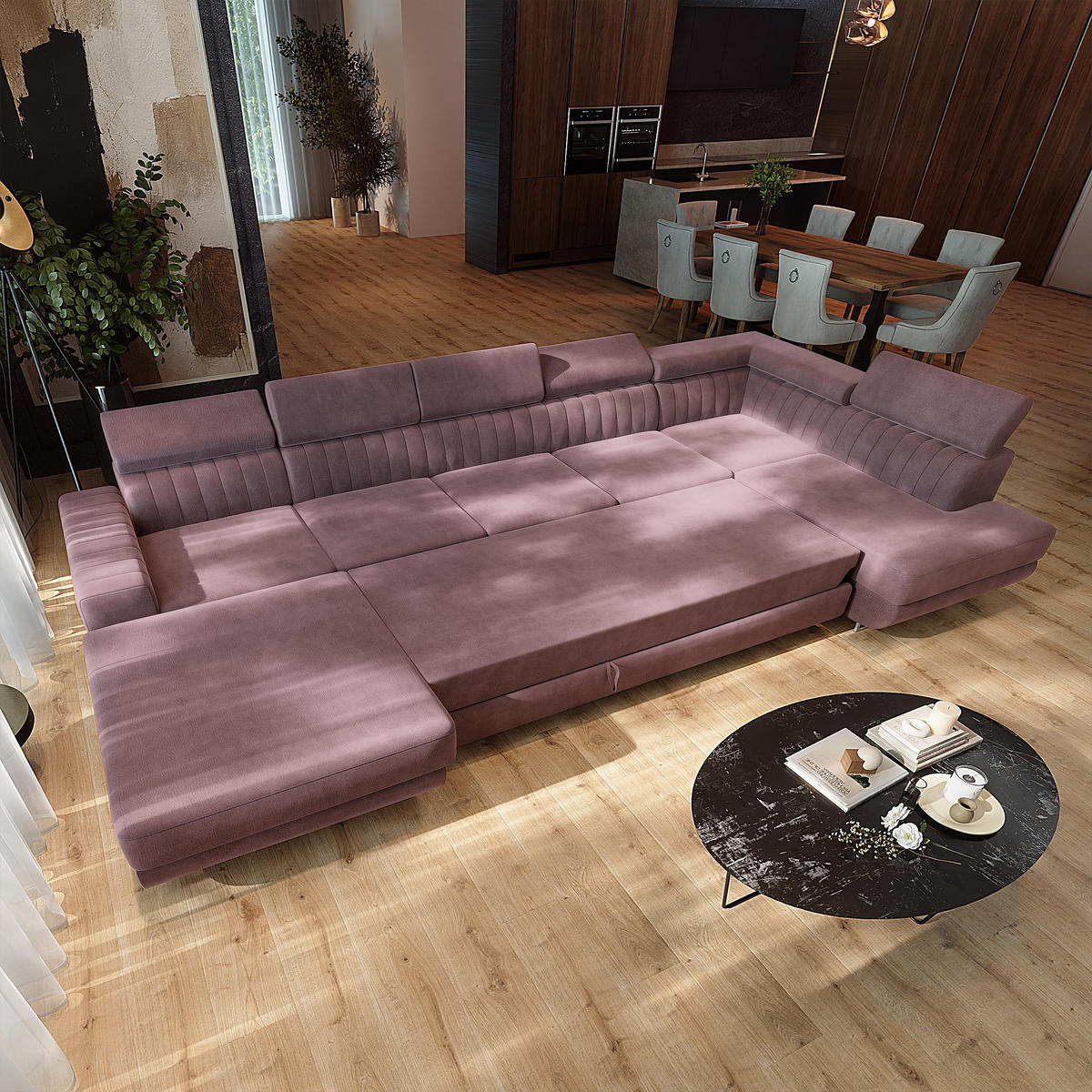 WOHNLANDSCHAFT GAIAN Lila Velours-Stoff mit Schlaffunktion - Lila, Holz (412/88/190cm) - MASSENO