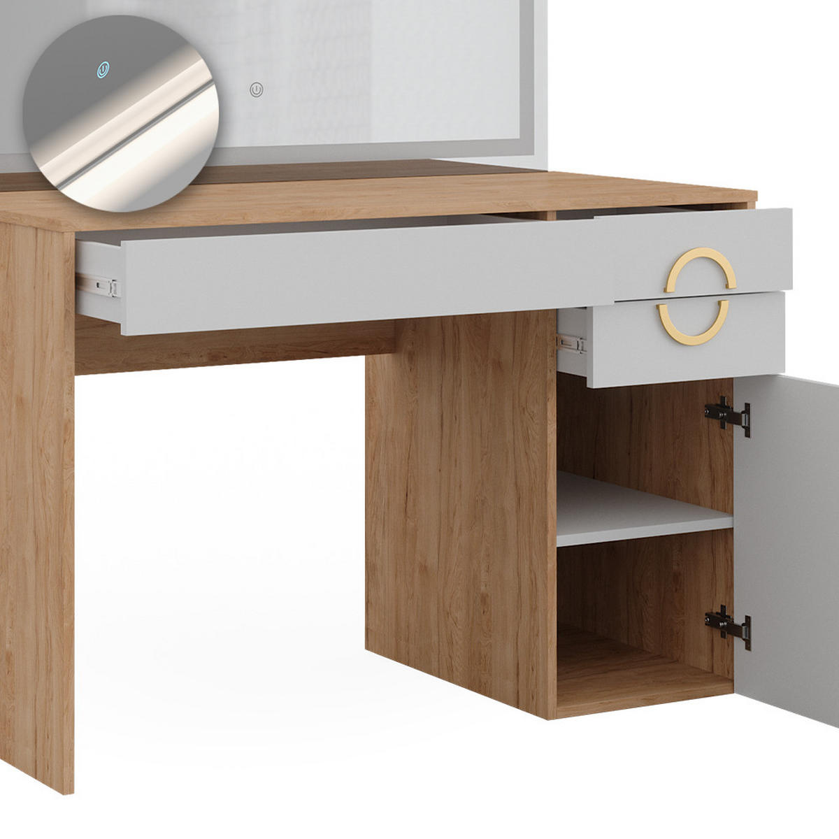 SCHMINKTISCH Adela Natural Rockford Hickory 115 cm mit LED-Spiegel - Weiß/Sonoma Eiche, Holzwerkstoff (115/76.4/55cm) - Vicco