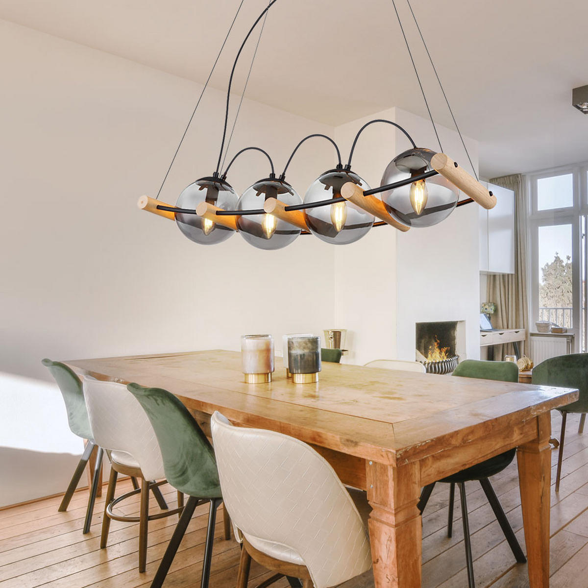 PENDELLEUCHTE Metall Schwarz-matt Glas Rauchfarben - Braun, Holz (75/22/120cm) - Globo Lighting