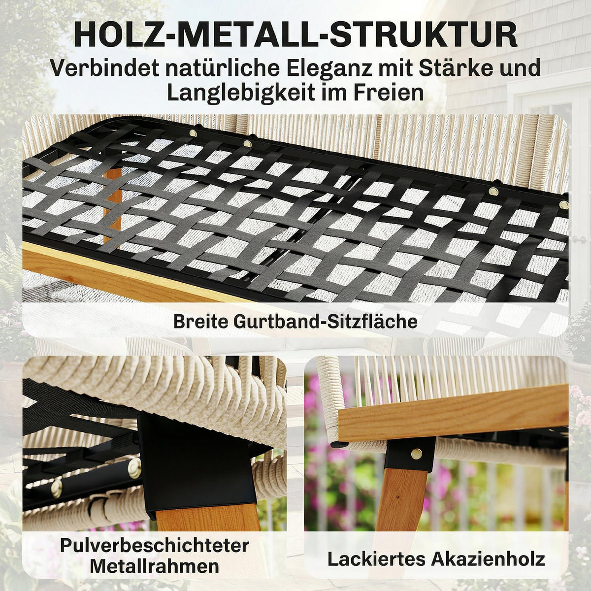 RATTAN-GARTENMÖBEL-SET 4er Set PP-Rattan Stahl Cremeweiß - Creme/Akaziefarben, Kunststoff/Textil - Outsunny