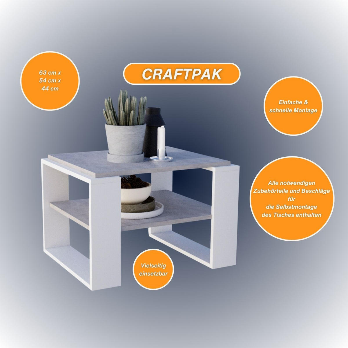COUCHTISCH Holzwerkstoff rechteckig stabil Grau 44/54/63cm - Weiß/Grau, Holzwerkstoff (54/63/44cm) - CraftPAK