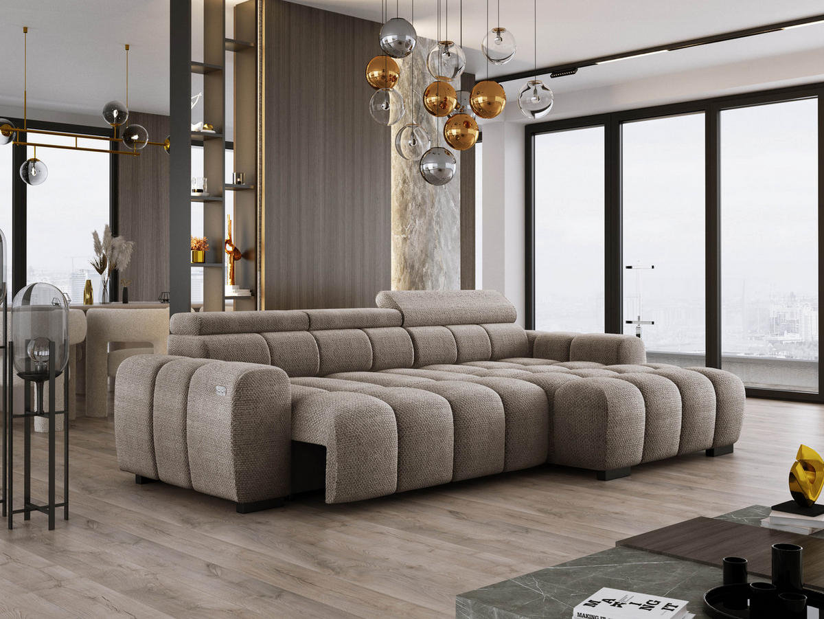 ECKSOFA OMBO 285x168x77/97 cm, Rechts, Schlaffunktion, elektr. Sitz, Kopfstützen, hydrophober EDEN-Stoff – Cappuccino - Cappuccino, Holz/Textil (285/168cm) - DomoHome