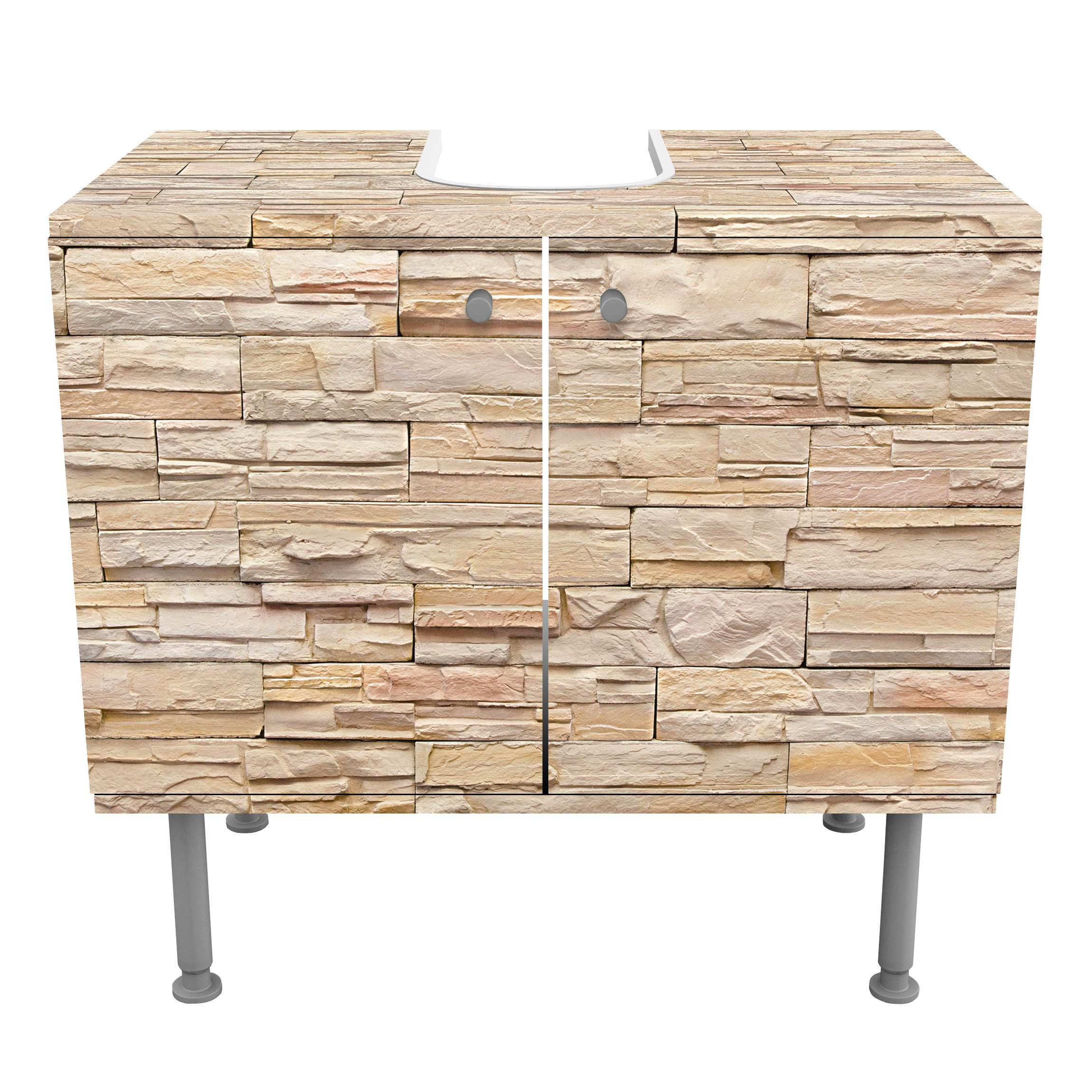 WASCHBECKENUNTERSCHRANK Asian Stonewall - Große helle Steinmauer aus wohnlichen Steinen 60/55/35 cm - Braun, Holzwerkstoff (60/55/35cm) - Bilderwelten