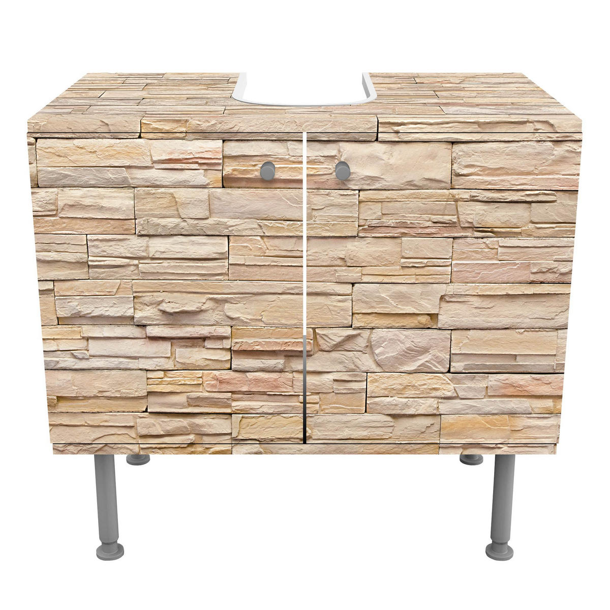 WASCHBECKENUNTERSCHRANK Asian Stonewall - Große helle Steinmauer aus wohnlichen Steinen 60/55/35 cm - Braun, Holzwerkstoff (60/55/35cm) - Bilderwelten