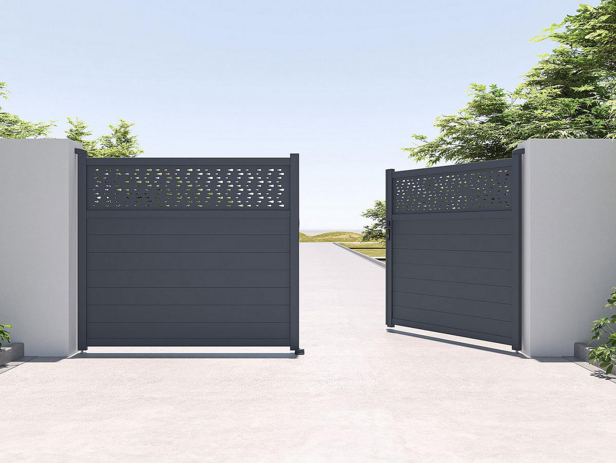 GARTENTOR Flügeltor - 305 x 181 cm - Aluminium - Halbvoll mit Muster - Anthrazit - BAZIO - Anthrazit, Metall (300/176cm) - Vente-Unique