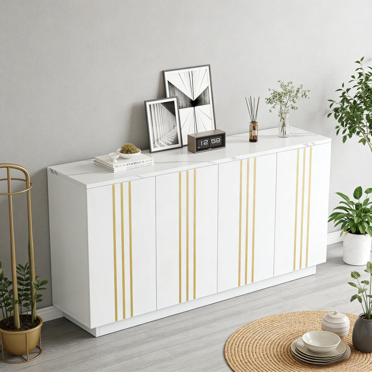 SIDEBOARD Weiß Gold 4 Türen 140cm verstellbare Fächer Modern - Weiß, Holzwerkstoff (35/70/140cm) - FLIEKS