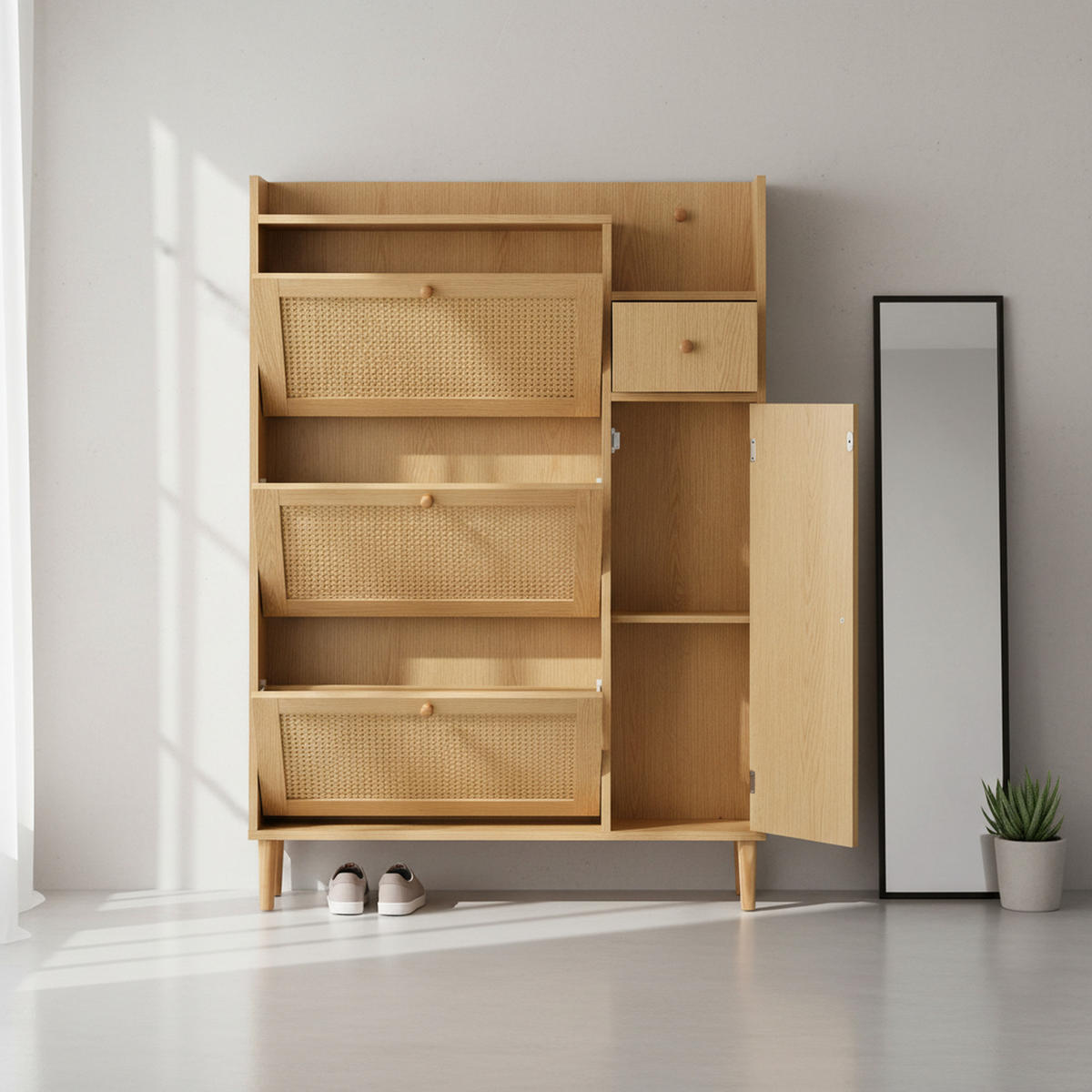 SCHUHSCHRANK Rattan Platzsparender mit 3 Kipp-Türen & 1 Schublade - Eichefarben, Holzwerkstoff (90/125/17cm) - Urban Meuble