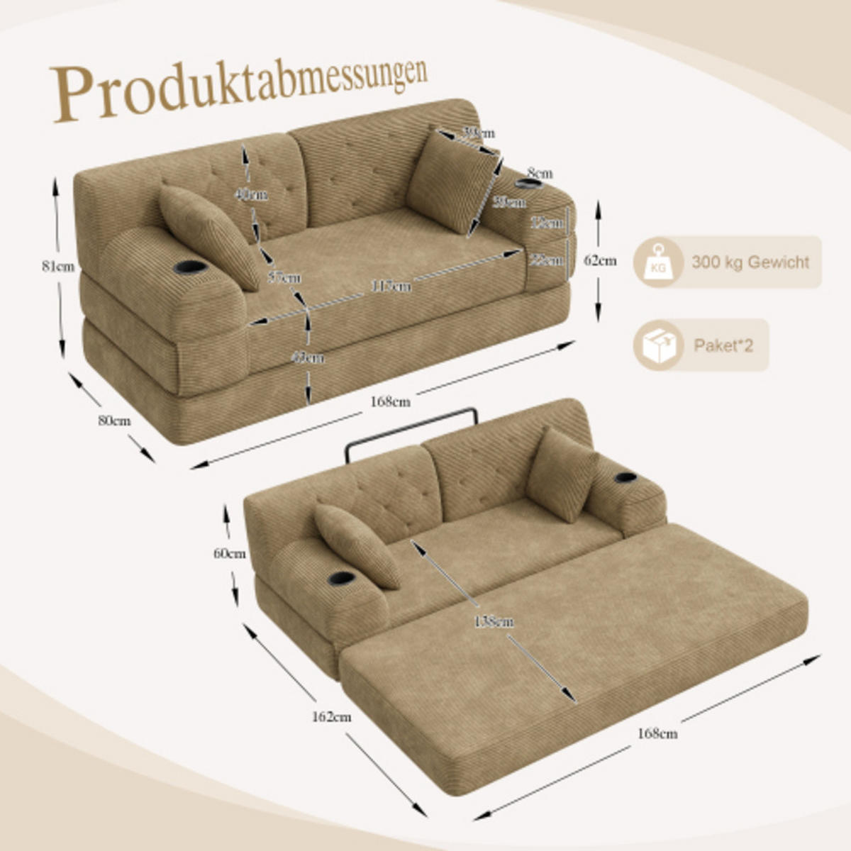 SCHLAFSOFA mit Metallrahmen hellbraun 168×80×81 cm aus Cordstoff - Hellbraun, Textil (80/81/168cm) - Luhomfu