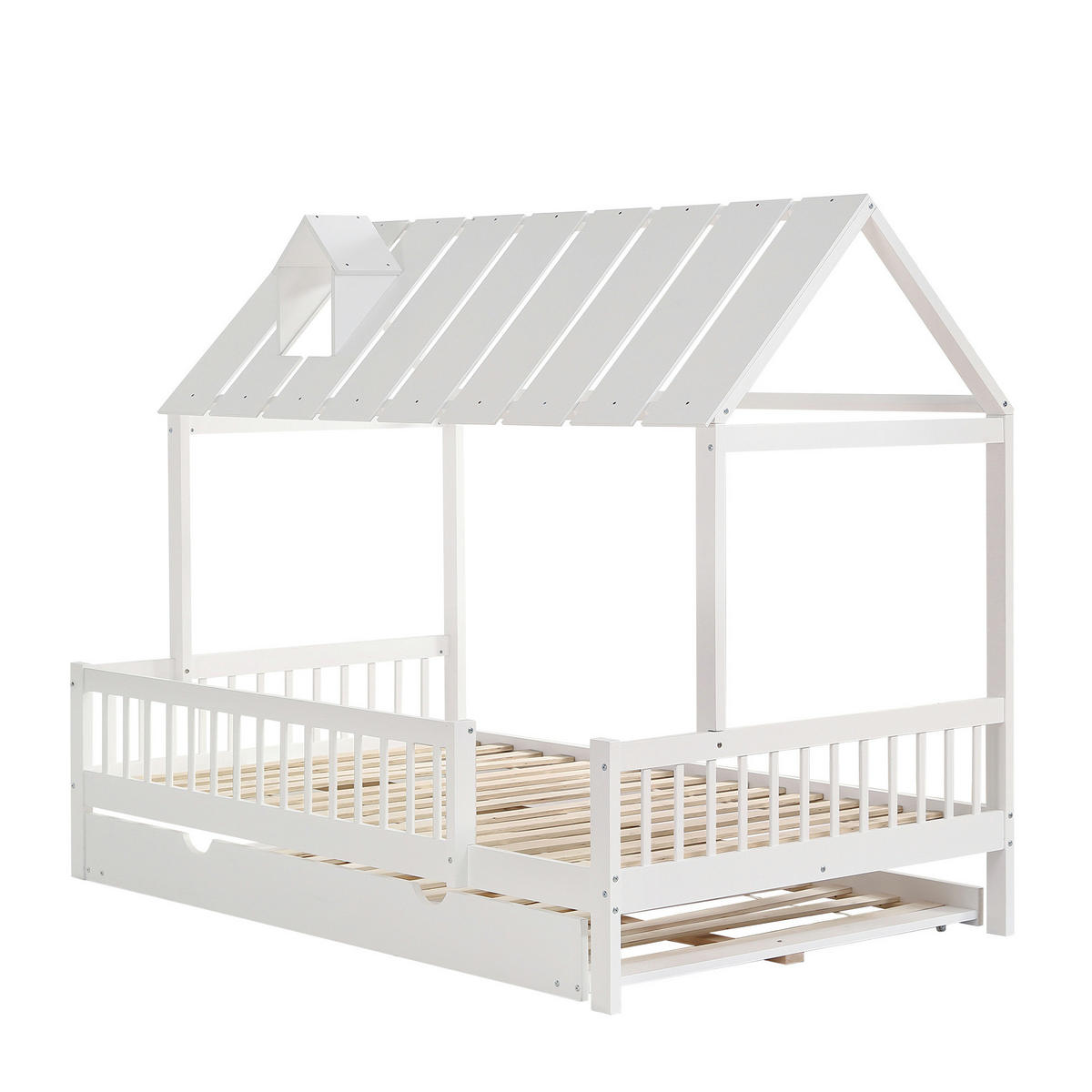 HAUSBETT aus Kiefer und MDF 120x200 cm Weiß mit Rollbett, 3-seitigem Gitter und Dach mit Kaminleiste - Weiß, Holzwerkstoff (120/200cm) - Modfu
