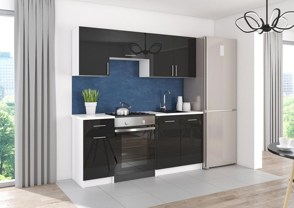 KÜCHENZEILE LECO 180 schwarz glanz - Schwarz Hochglanz, Holzwerkstoff (180/82/46cm) - roe furniture