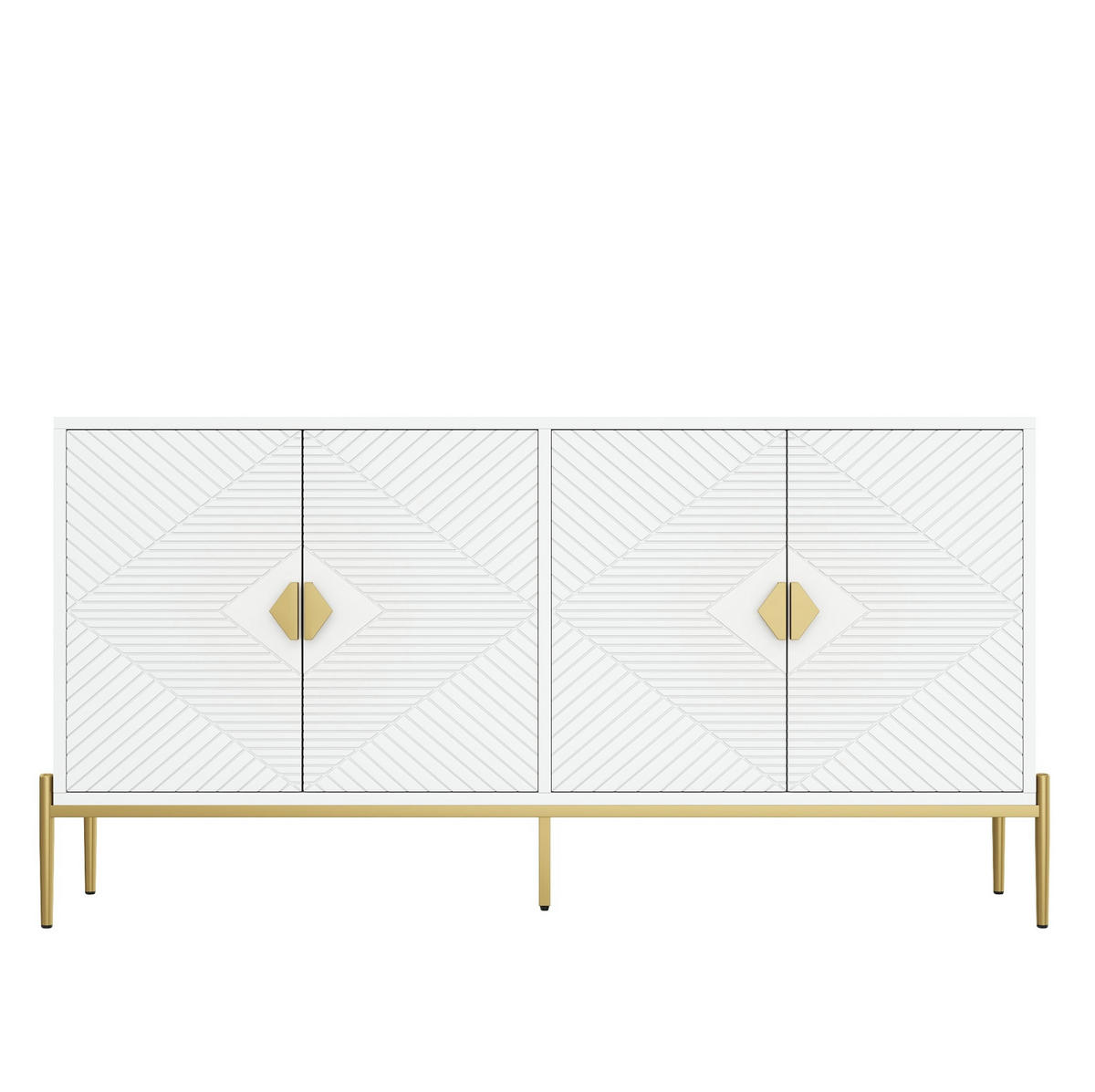 SIDEBOARD 162/40/80 cm, 4 Türen, Weiß mit geometrischem 3D-Muster, goldene Griffe und Metallbeine, Weiß - Weiß, Holzwerkstoff (162/80/40cm) - Redom