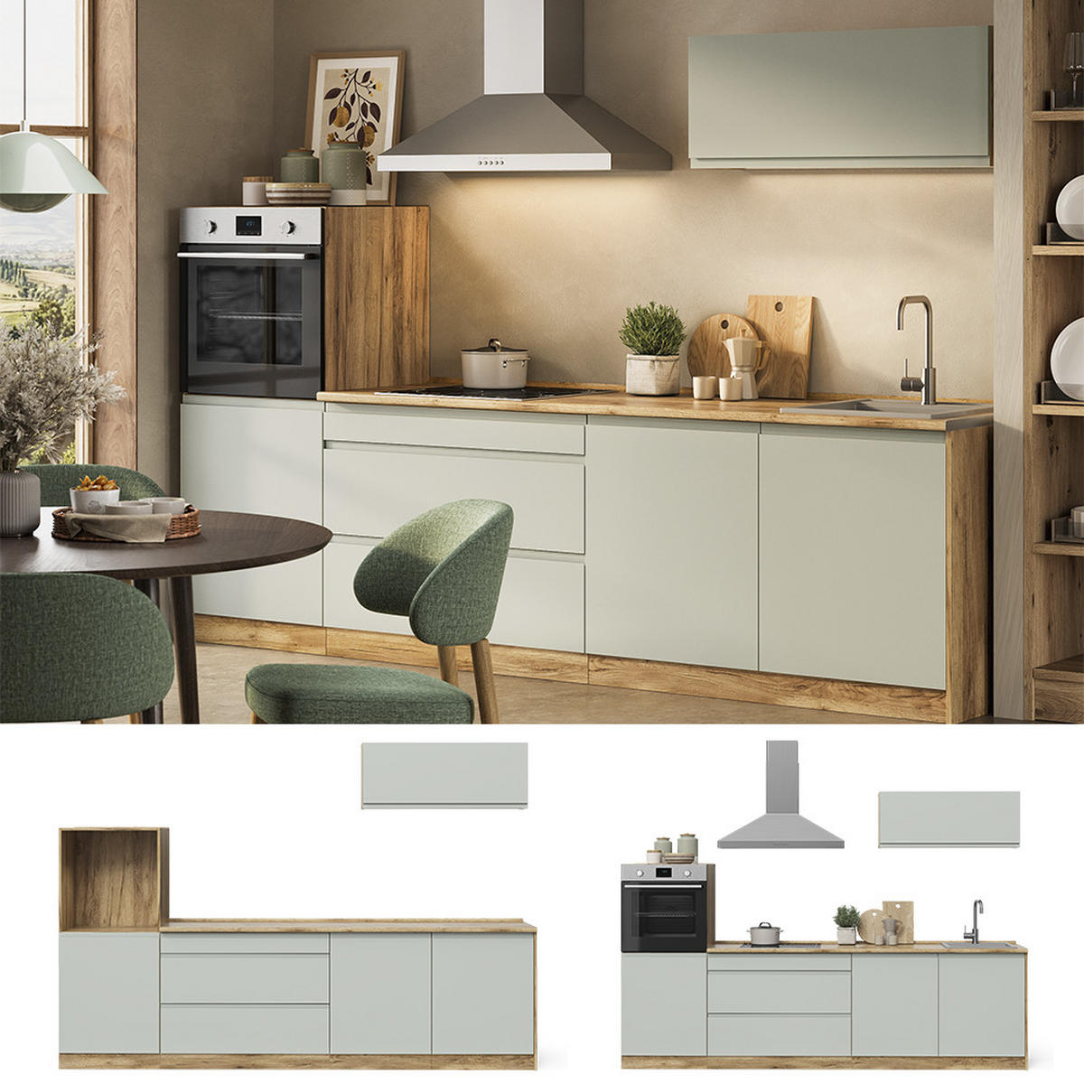 KÜCHENZEILE R-Line, Pastellgrün/Goldkraft Eiche, 280 cm Arbeitsplatte Weiß - Eichefarben/Pastellgrün, Holzwerkstoff (280/143/60cm) - Vicco
