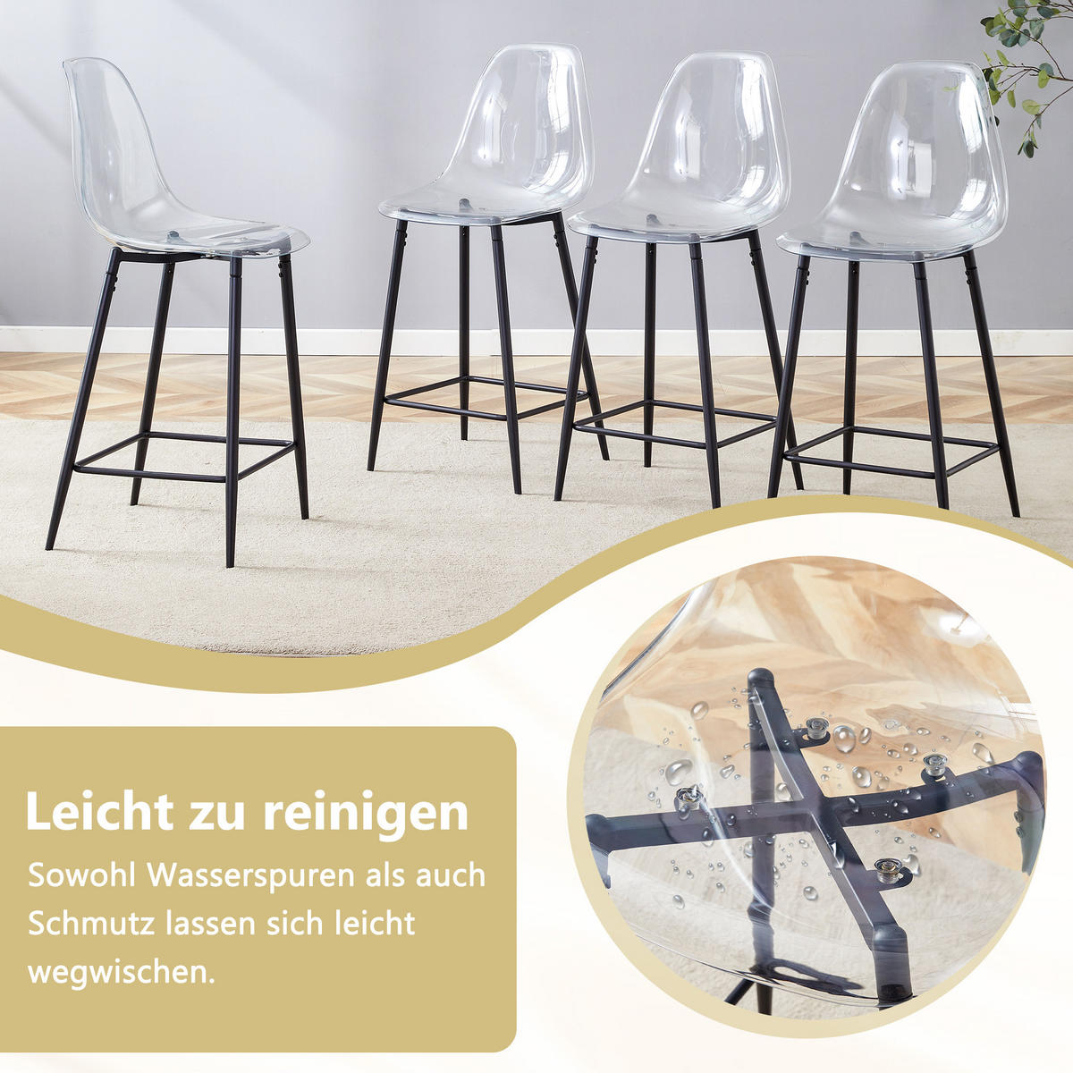 BARHOCKER DE-36582 4er Set mit transparenter Sitzschale Silber - Schwarz, Kunststoff (45/102/51cm) - ComfortXL