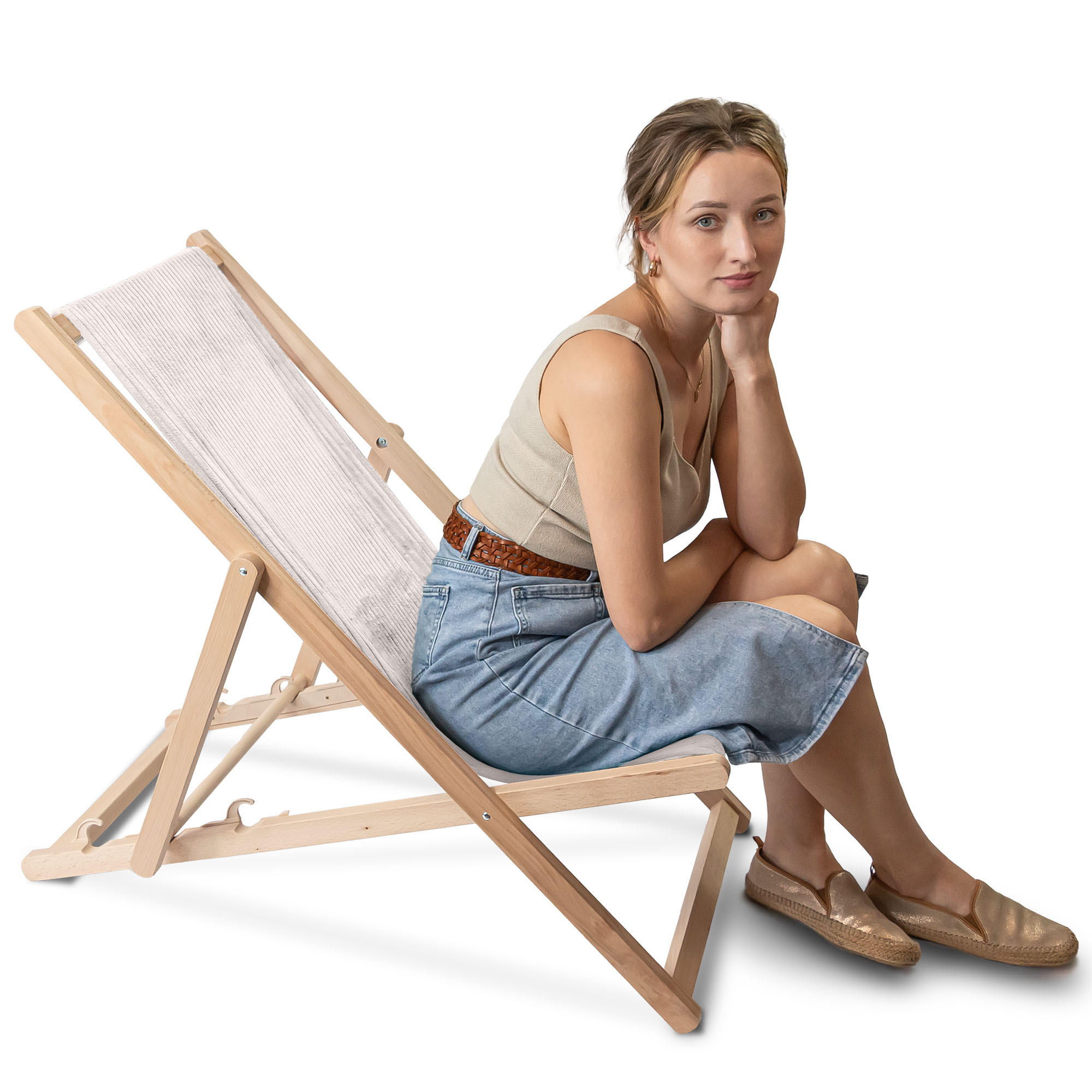 HOLZLIEGESTUHL klappbar Buchenholz Cord-Gewebe White Dove M - Weiß, Holz/Textil (54/85/92cm) - Dreamroots
