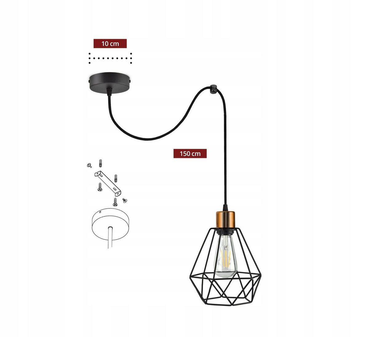PENDELLEUCHTE EDISON - Goldfarben/Schwarz, Metall (20/20/150cm) - kiki design