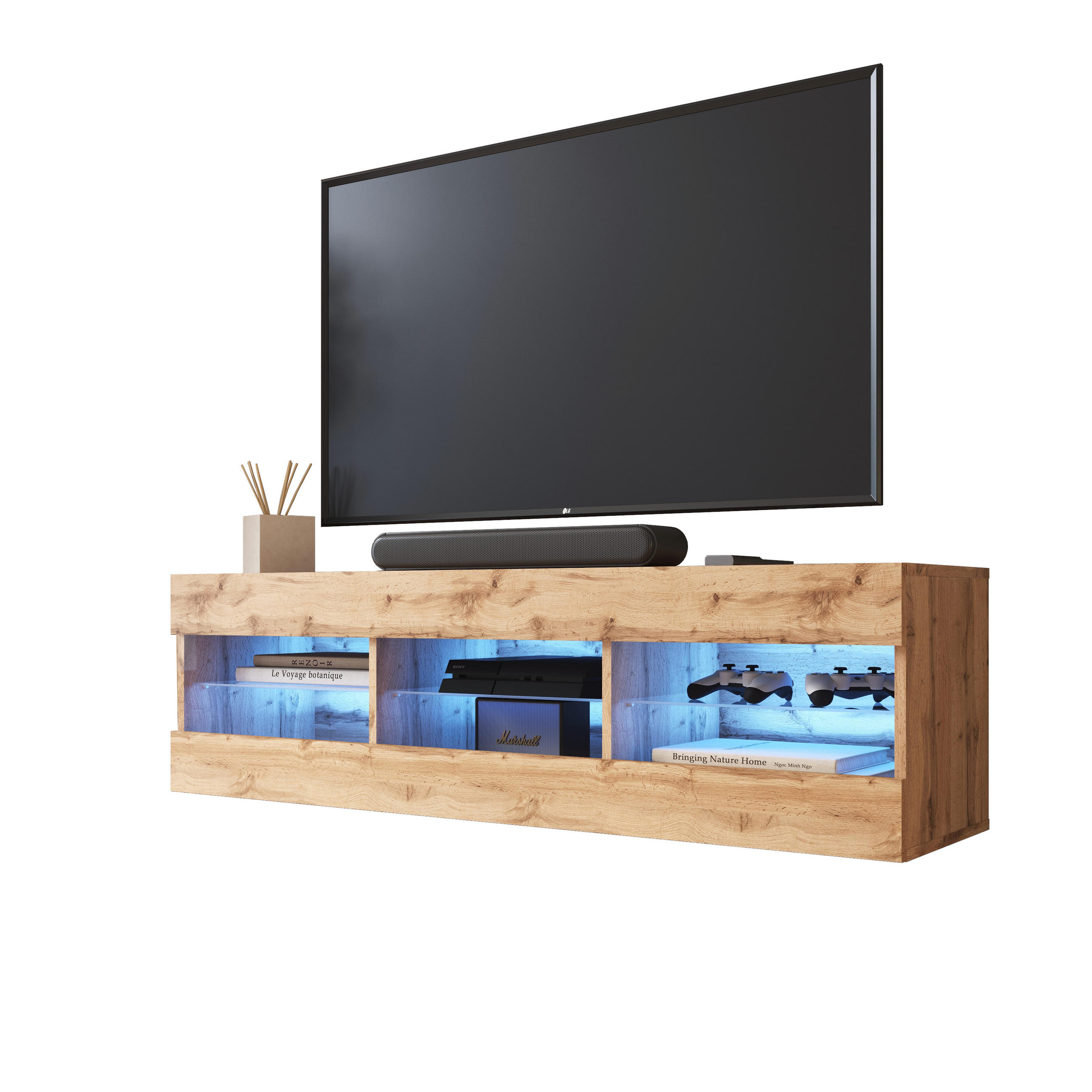 LOWBOARD TIVOLI RTV 140, Wotan, LED Blau - Eiche Wotan, Glas/Holzwerkstoff (140/40.5/35.5cm) - Komodee