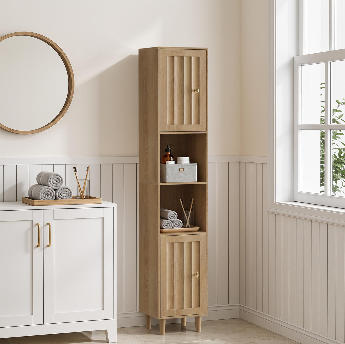 HOCHSCHRANK für Badezimmer 32 x 30 x 169 cm Eiche Optik - Eichefarben, Holzwerkstoff (30/169/32cm) - Beauniv