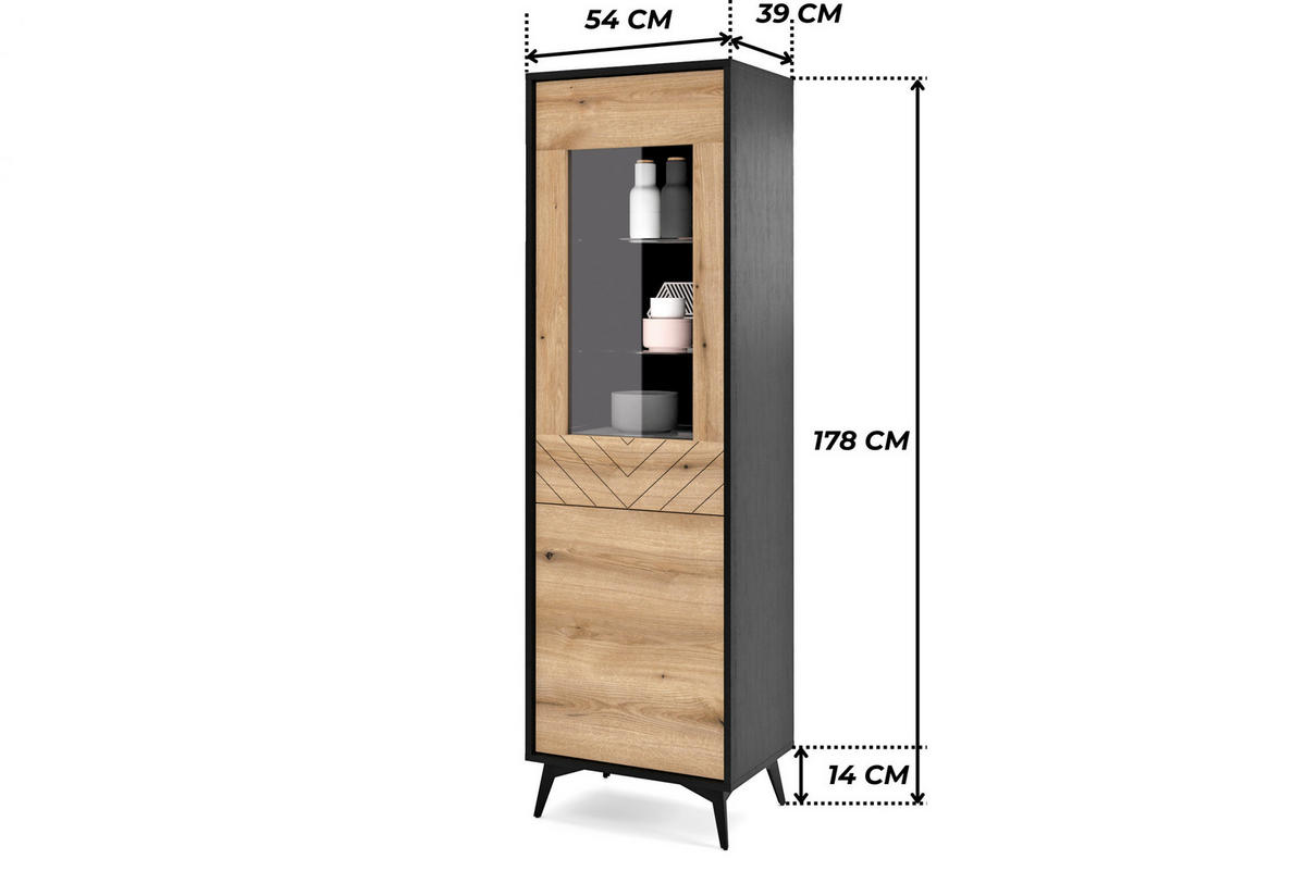 VITRINE DIAMOND W2D (Eiche Evoke, Schwarz, Fischgrätmuster, Metallfüße, Push to Open) - Eichefarben/Schwarz, Glas/Holz (54/178/39cm) - Ravio