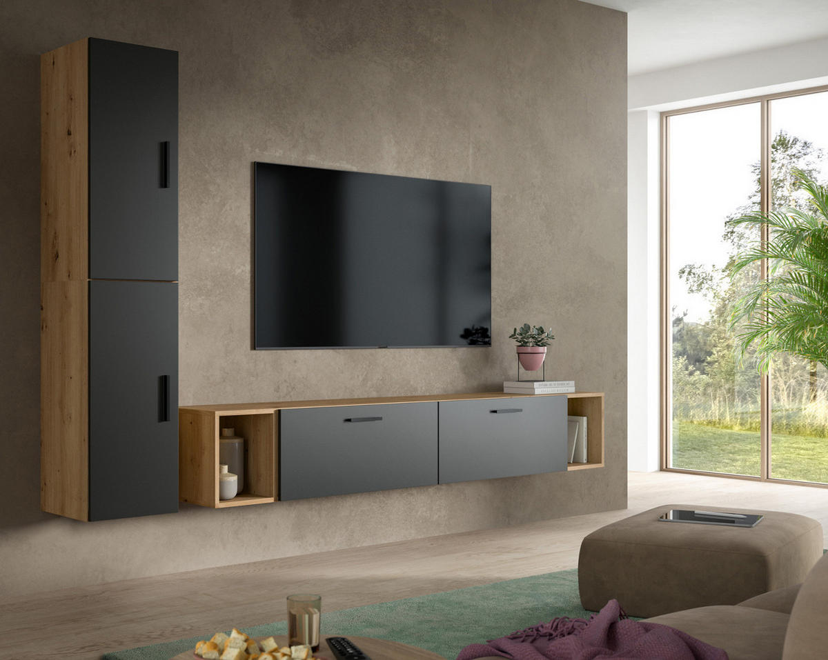 WOHNWAND grau, Eiche Artisan 249 x 184 cm, Wohnkombination hängend / stehend - Schwarz/Eiche Artisan, Holzwerkstoff/Kunststoff (249/184/34cm) - Inn.Furn