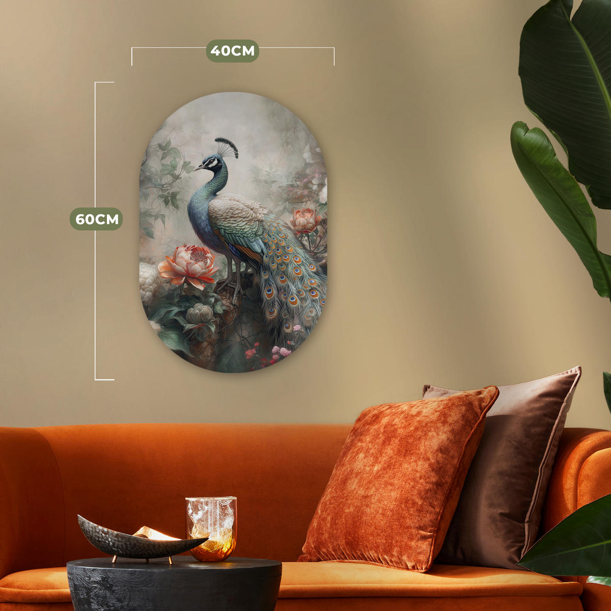 WANDBILD Pfau - Pfauenfedern - Vogel - Dschungel - Blumen 40x60 cm - Smaragdgrün, Kunststoff (40/60cm) - MuchoWow