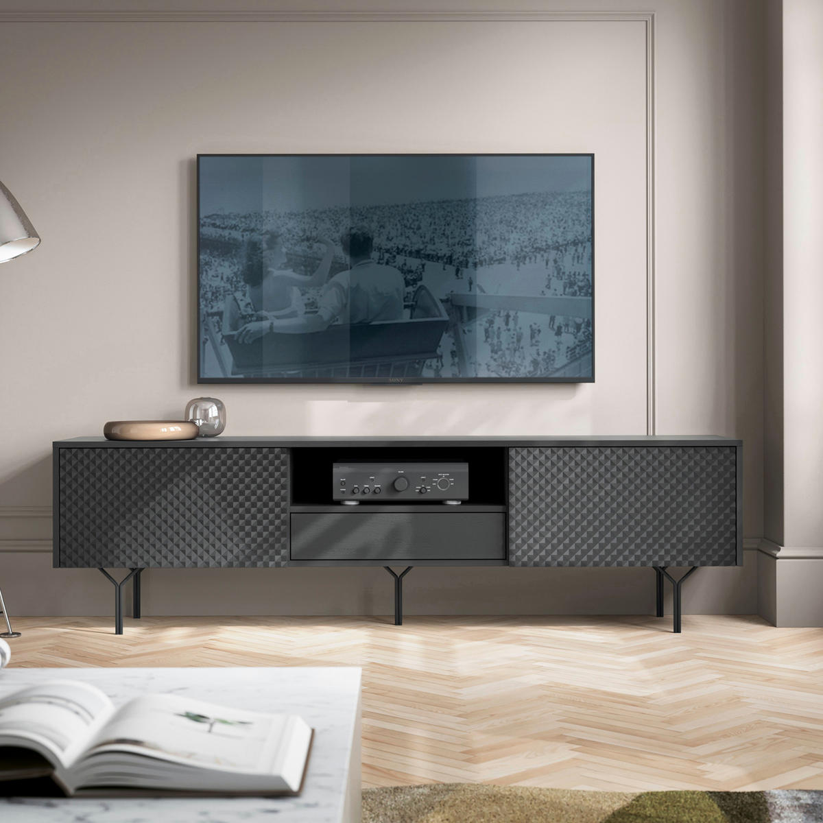 LOWBOARD TV ORILLIA RTV1-2D Fräste Fronten, Schwarz - Schwarz, Holzwerkstoff/Kunststoff (180/51/38cm) - Komodee