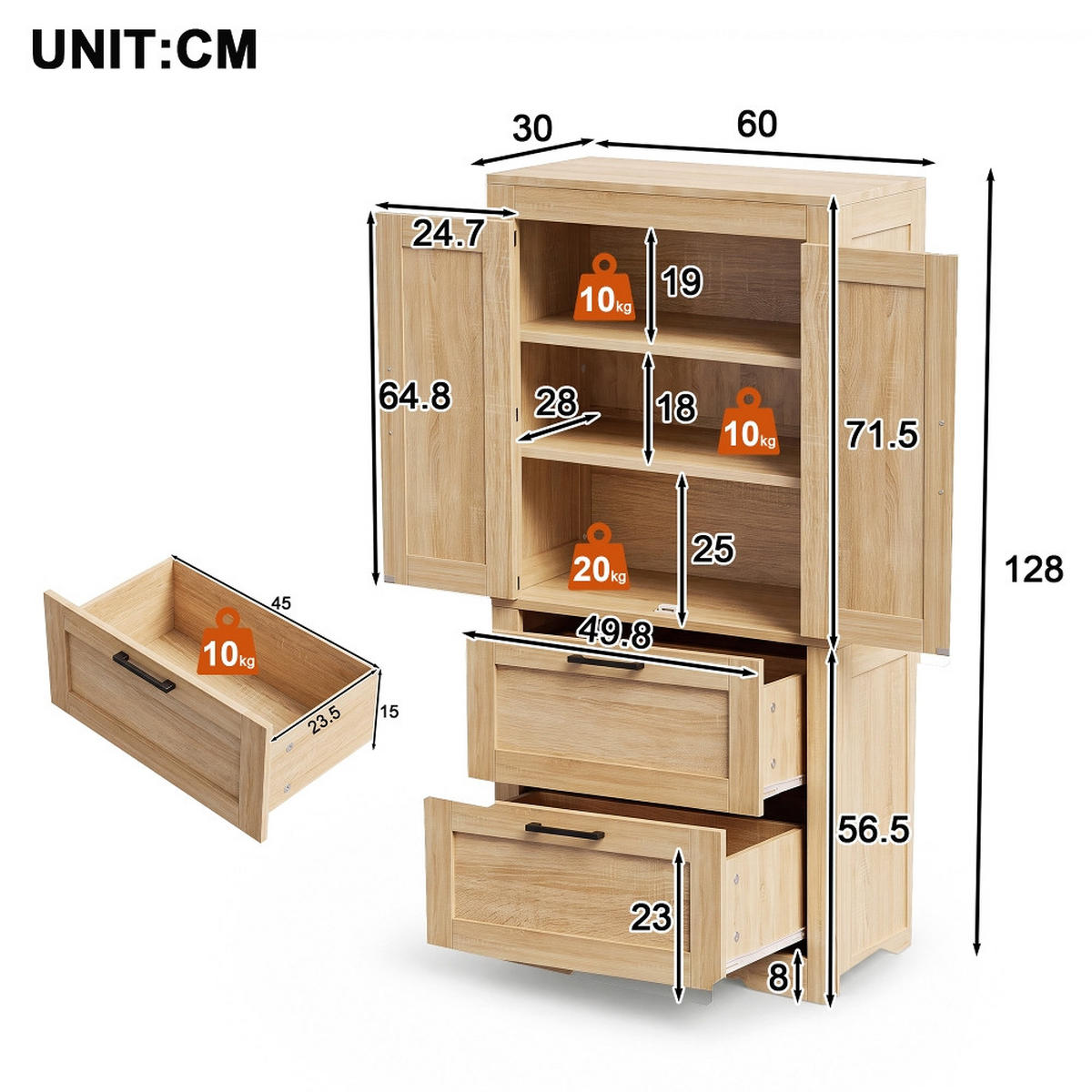 KÜCHENINSEL Küchenschrank Landhausstil, SCHEUNENTÜR DESIGN, mit 2 Schubladen, Naturholzfarbe, 60/128/30 cm - Naturfarben, Kunststoff (30/128/60cm) - Rolipo