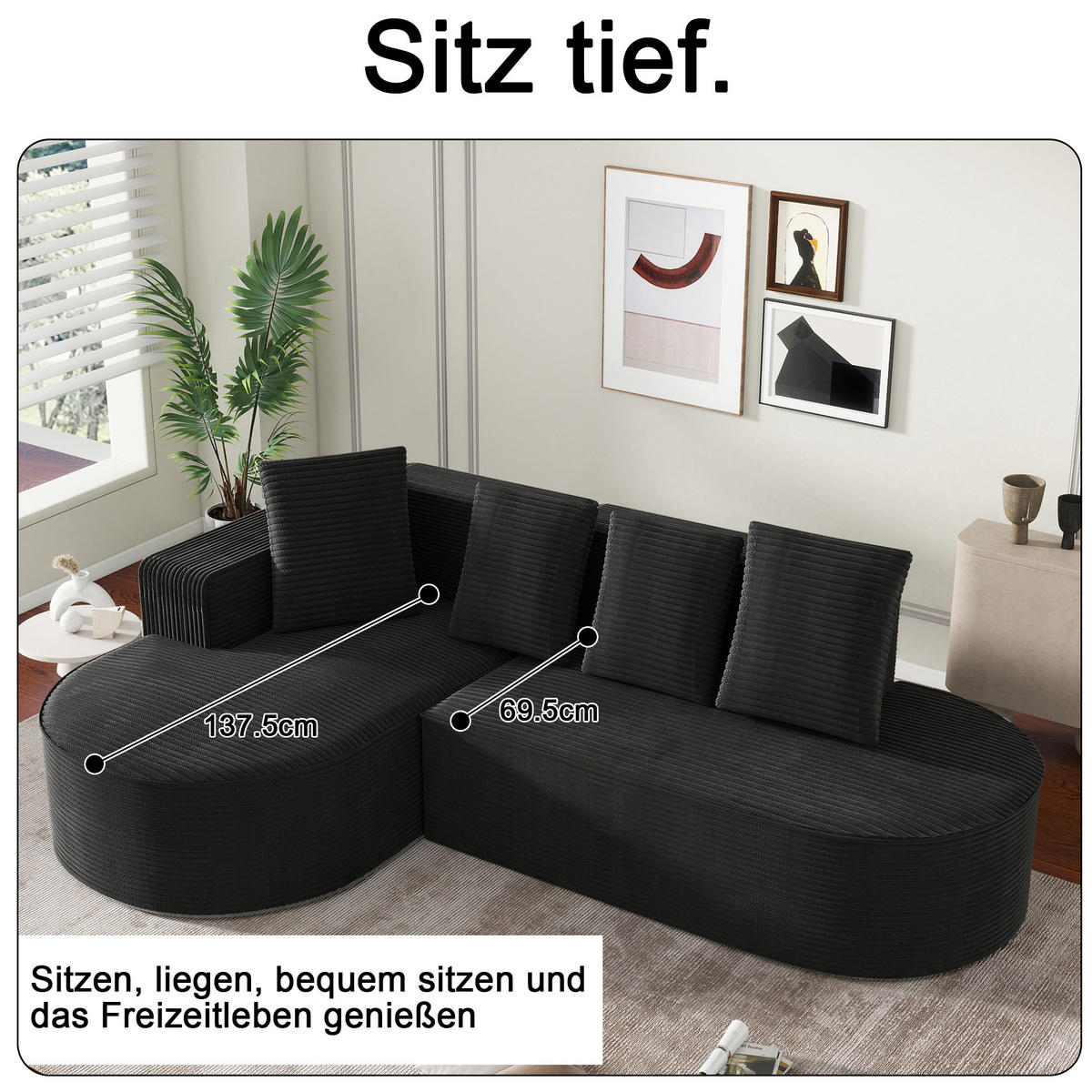 MODULARES Ecksofa Cord Sitzhöhe 40,5 cm mit tiefem Sitz 265/165/67 cm Schwarz - Schwarz, Textil (165/265cm) - Redom