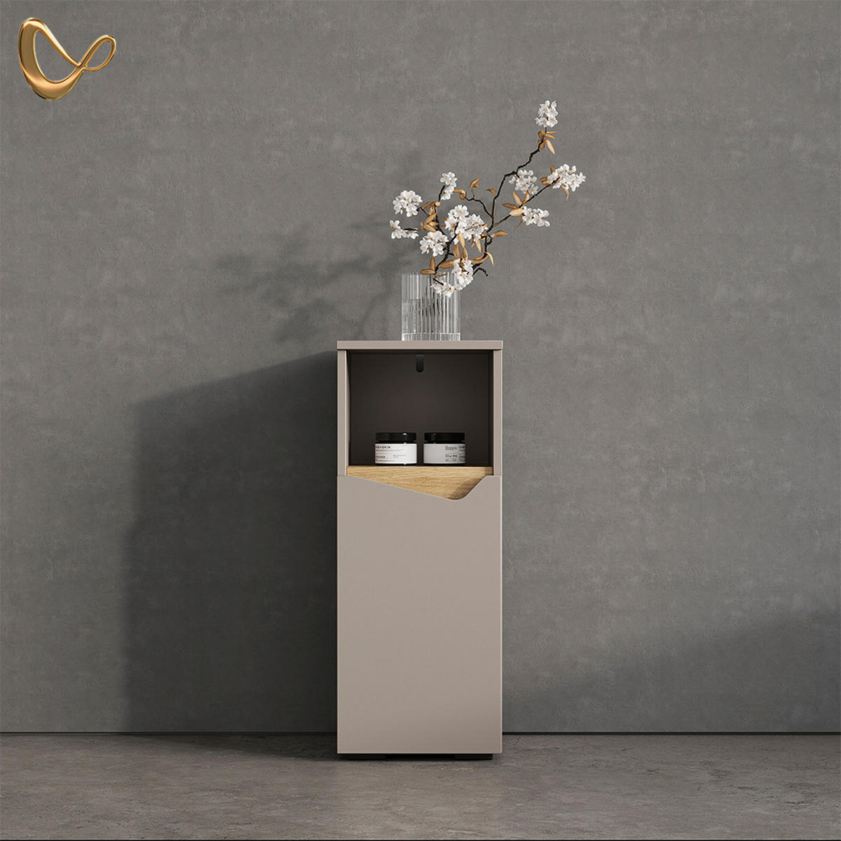 MIDISCHRANK Timavo Greige 30 x 74.5 cm mit Tür und offenem Fach - Greige, Holzwerkstoff (30/74.5/35cm) - Livinity®