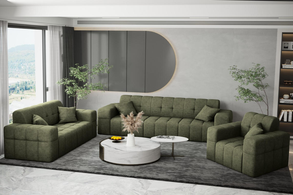 SITZGARNITUR 3+2+1 NIMES Stoff Perfect Harmony Grün - Grün, Holz/Textil (245/82/92cm) - Kaiser Möbel
