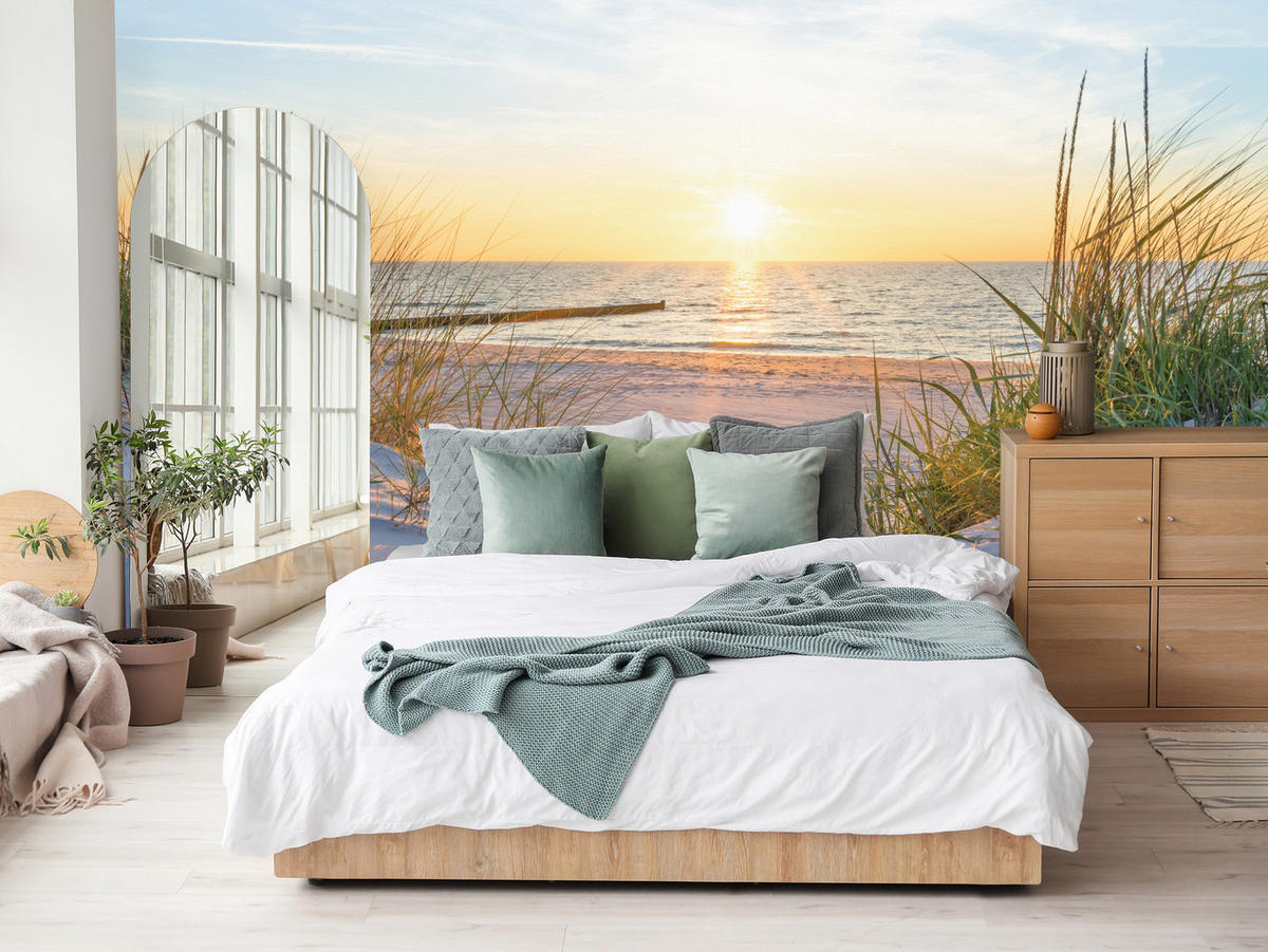 FOTOTAPETE Strand Meer Sonnenuntergang Dünen Landschaft Orange Himmel 450x315 - Gelb/Beige, Papier (450/315cm) - Muralo