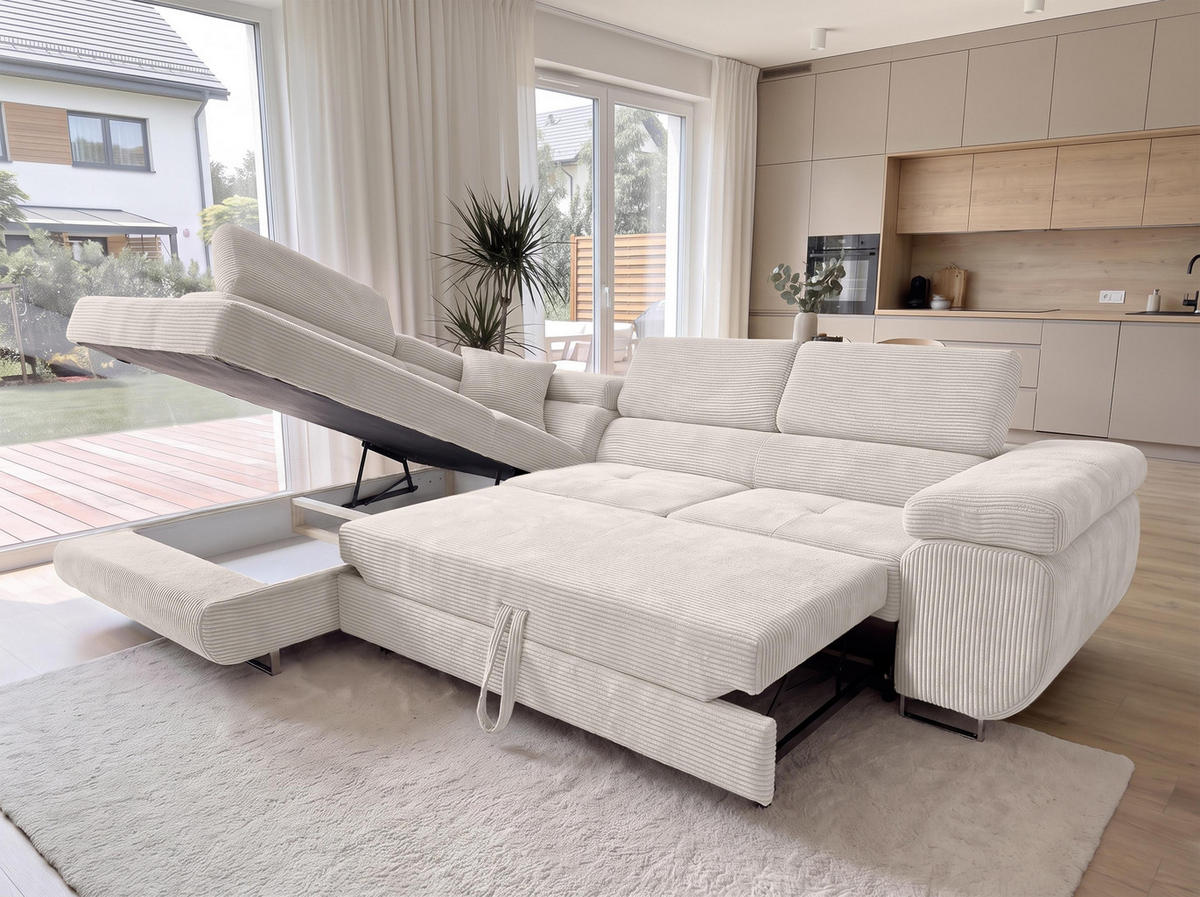 ECKSOFA L Form Konak Cremeweiß 276/201/90 cm Links mit Schlaffunktion - Silberfarben/Creme, Textil/Metall (203/276cm) - AX Living