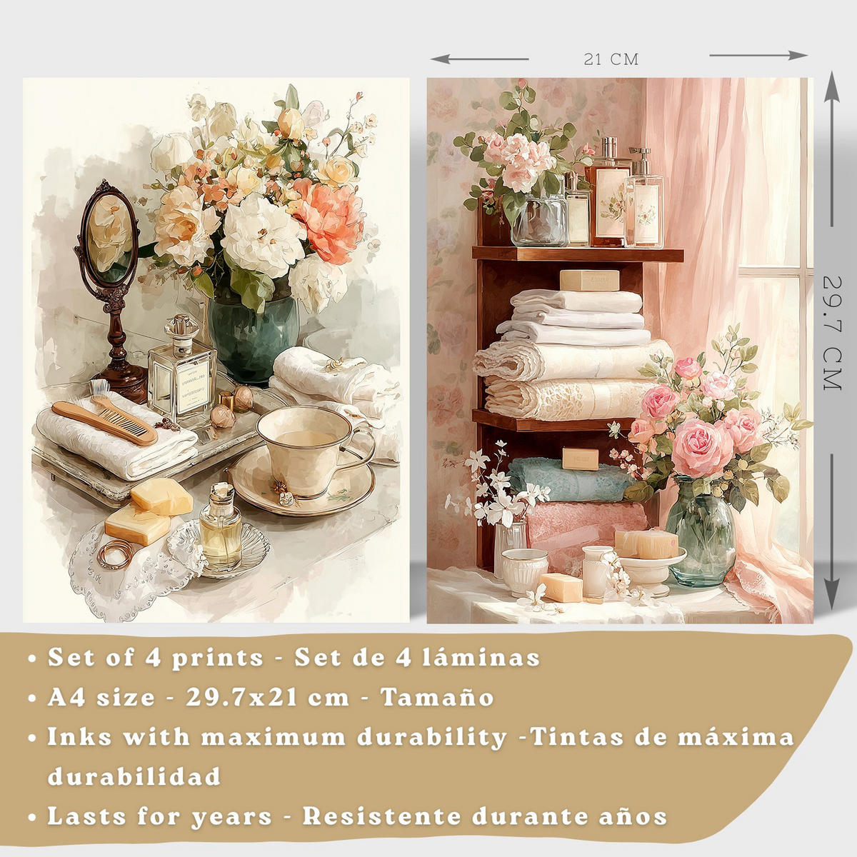 POSTER 4er-Set dekorative Badezimmerdrucke, romantischer Stil, Bilder mit Blumen, Parfums und Schminktisch, elegante, Wohndekoration Rahmenlos A4 - Klar, Papier (29.7/21/3cm) - Nacnic