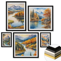 WANDBILDER 5er-Set - 50x50 cm & 20x30 cm & 40x60 cm Schwarzer Rahmen - Berglandschaft mit einem Fluss - Schwarz, Kunststoff (40/60cm) - ArtPrintCave