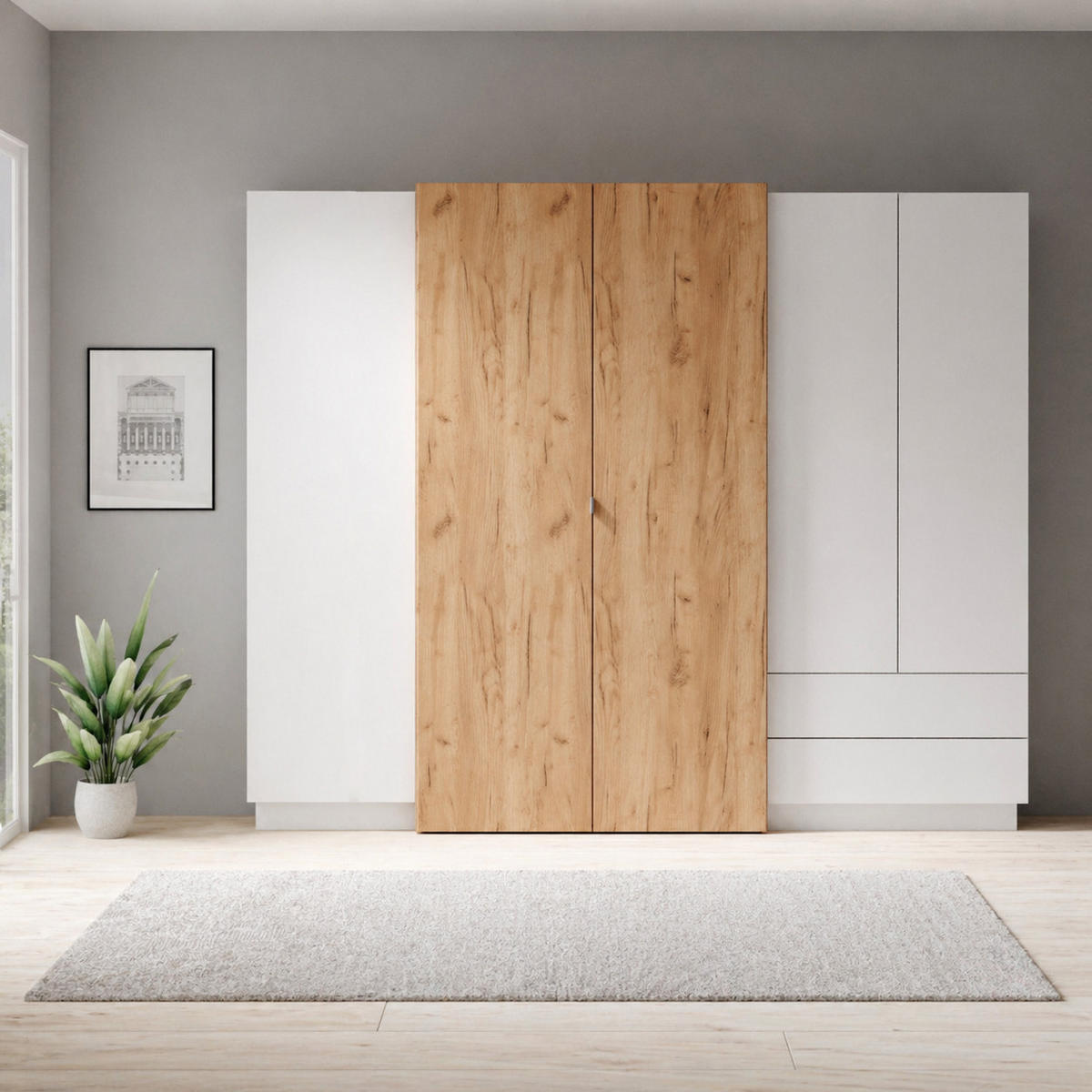 KLEIDERSCHRANK Viano H 230 cm Weiß / Eiche Craft Gold - mit Innenspiegel - Eichefarben/Weiß, Holz/Holzwerkstoff (230/202/52cm) - Ravio