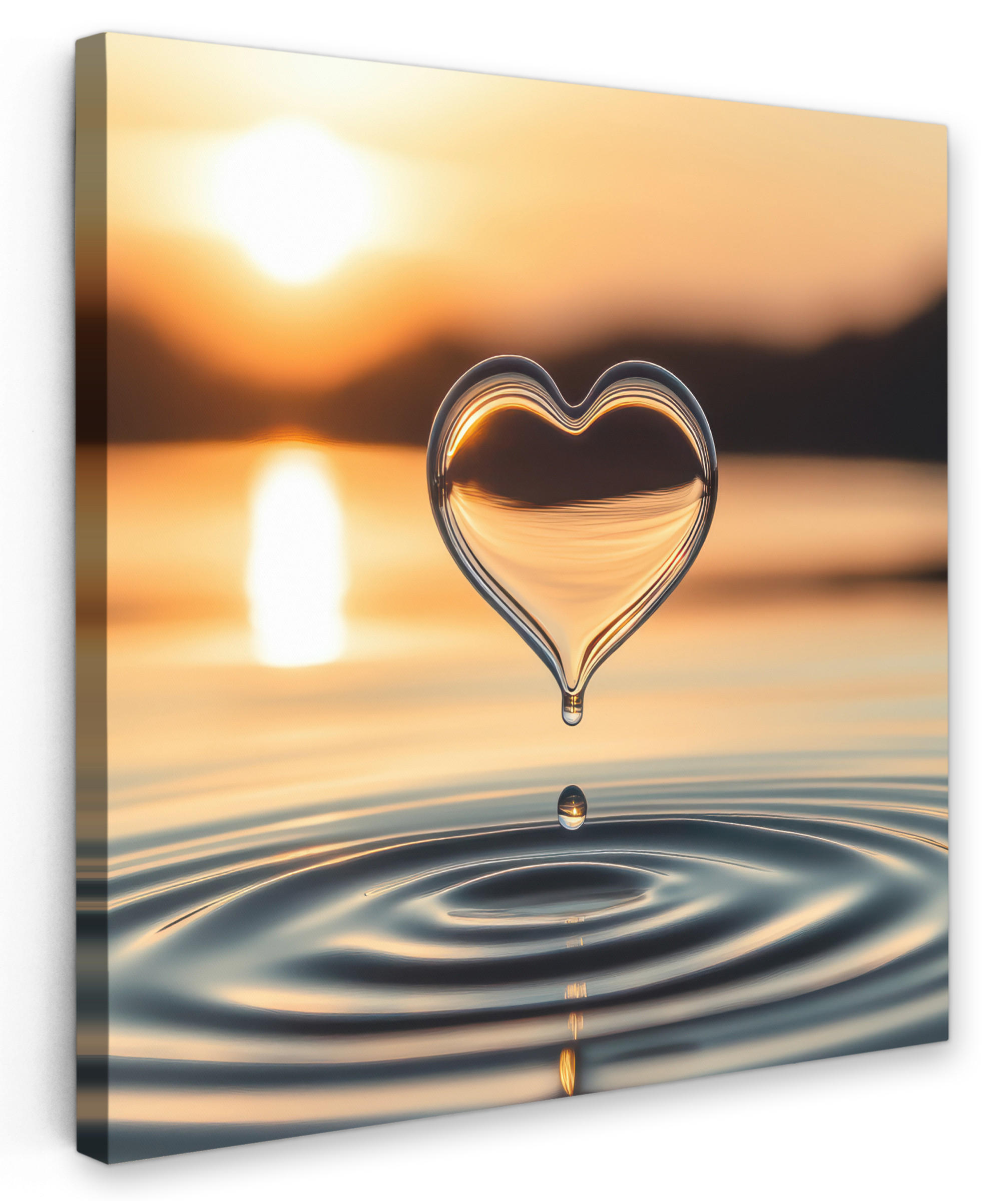LEINWANDBILD - Herz - Wasser - Sonnenuntergang - Natur - Zen - 20x20 - Wandbilder - Bernsteinfarben, Textil (20/20cm) - MuchoWow