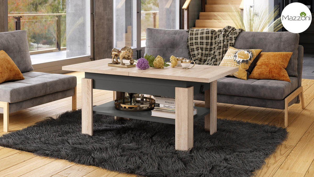 COUCHTISCH rechteckig Sonoma Eiche - Anthrazit ausziehbar höhenverstellbar - Anthrazit/Sonoma Eiche, Holzwerkstoff (65/130/58cm) - designimpex