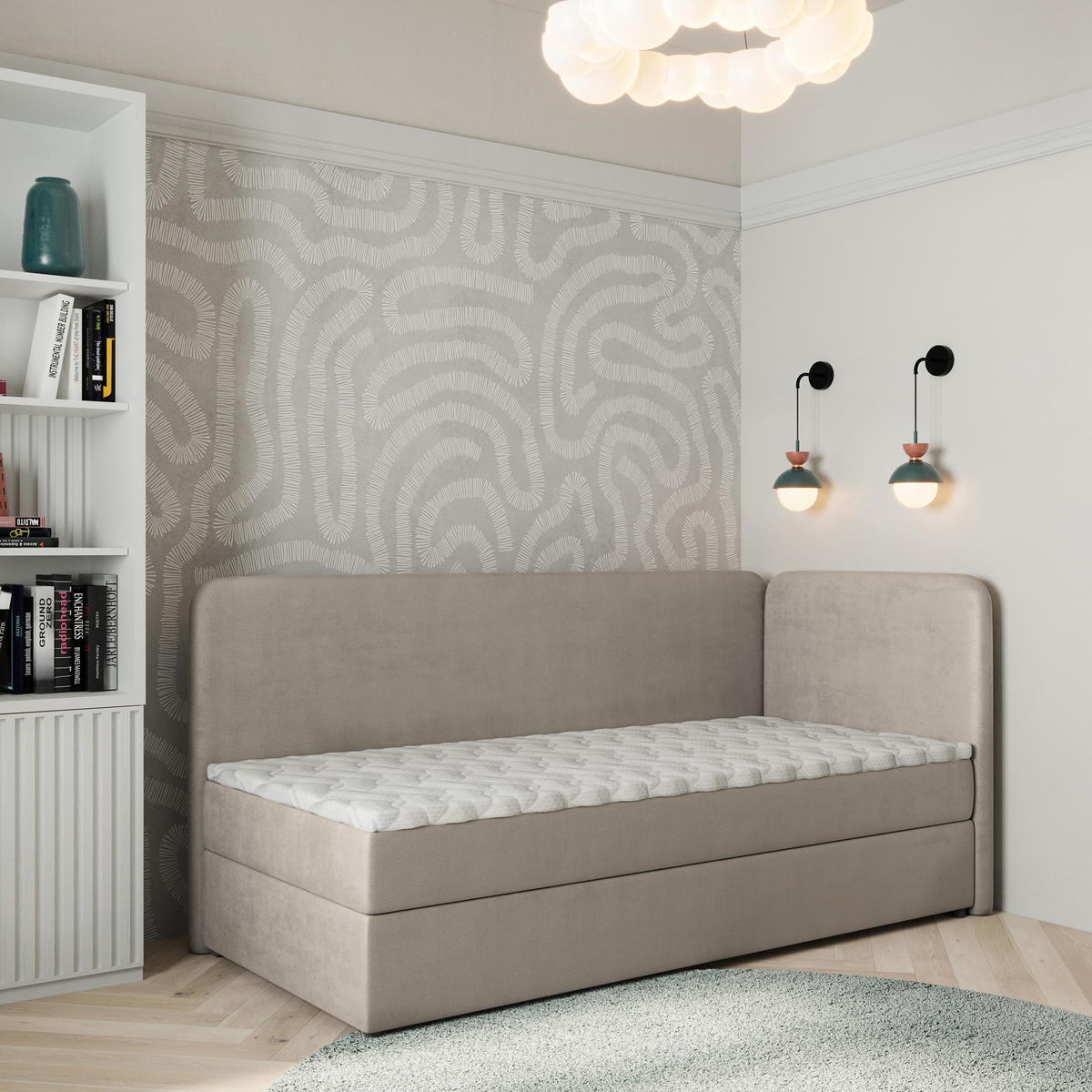 BOXBETT GINA 100x200 cm mit Matratze und Topper, H2+H3 - Beige - Beige, Holz (100/200cm) - MASSENO