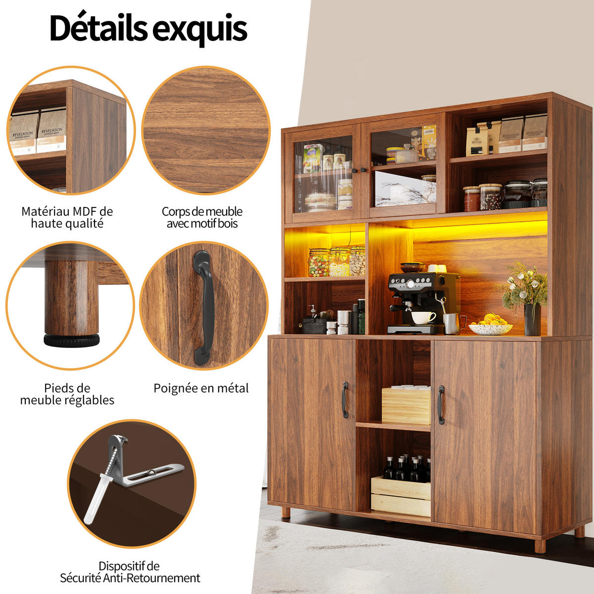 BUFFET 140x40x185cm LED Snackablage Walnuss - Braun, Glas (140/185/40cm) - FLIEKS